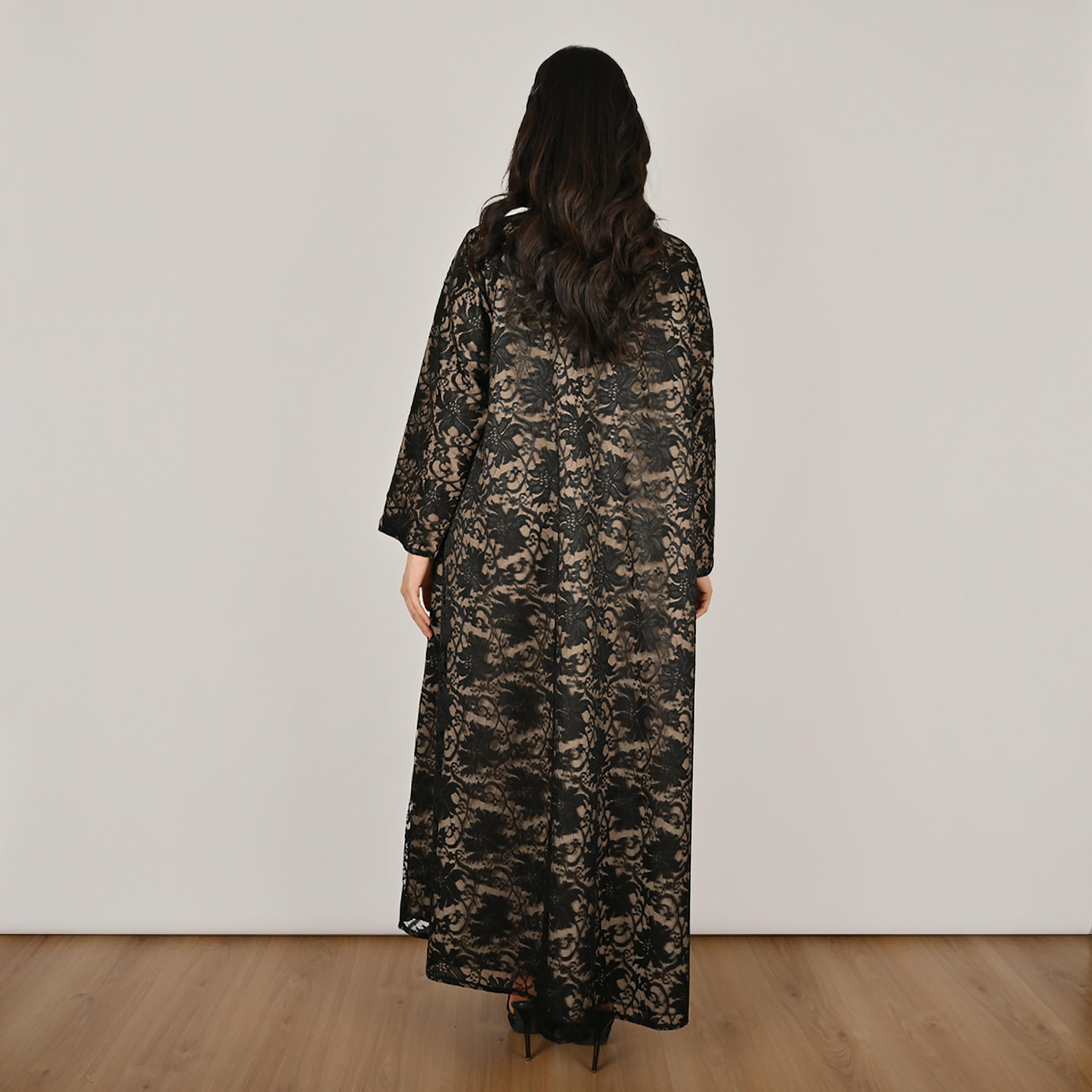 حوراء عباية كتان نسائية مفتوحة من الأمام مع حجاب، دانتيل متعدد الألوان-women-arabicclothing-abayas-image-4