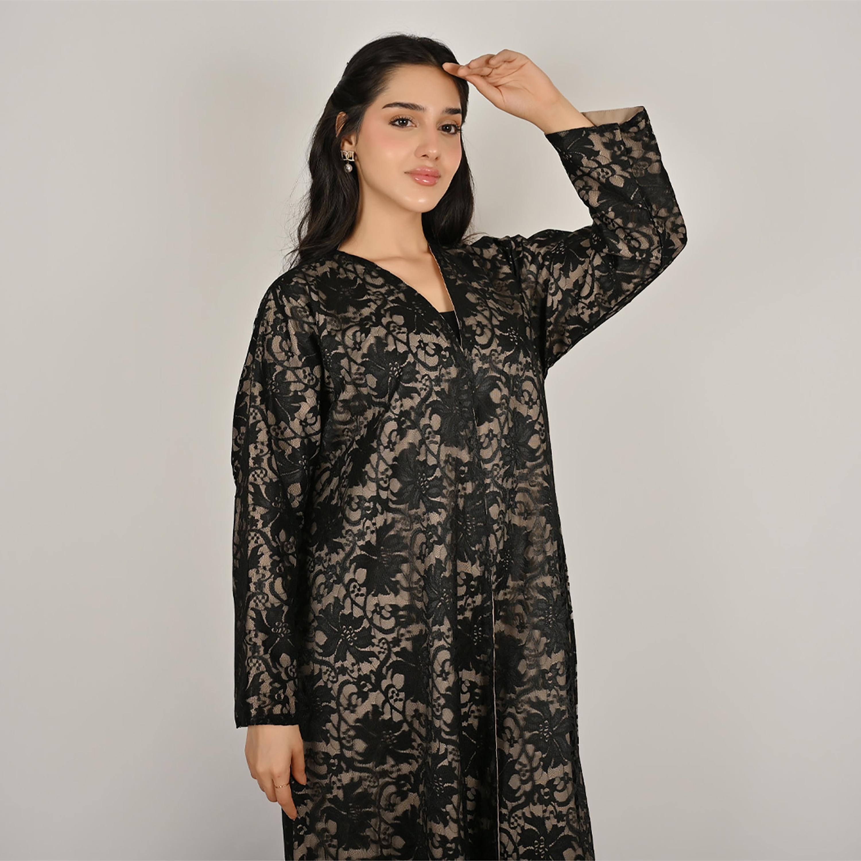 حوراء عباية كتان نسائية مفتوحة من الأمام مع حجاب، دانتيل متعدد الألوان-women-arabicclothing-abayas-image-5