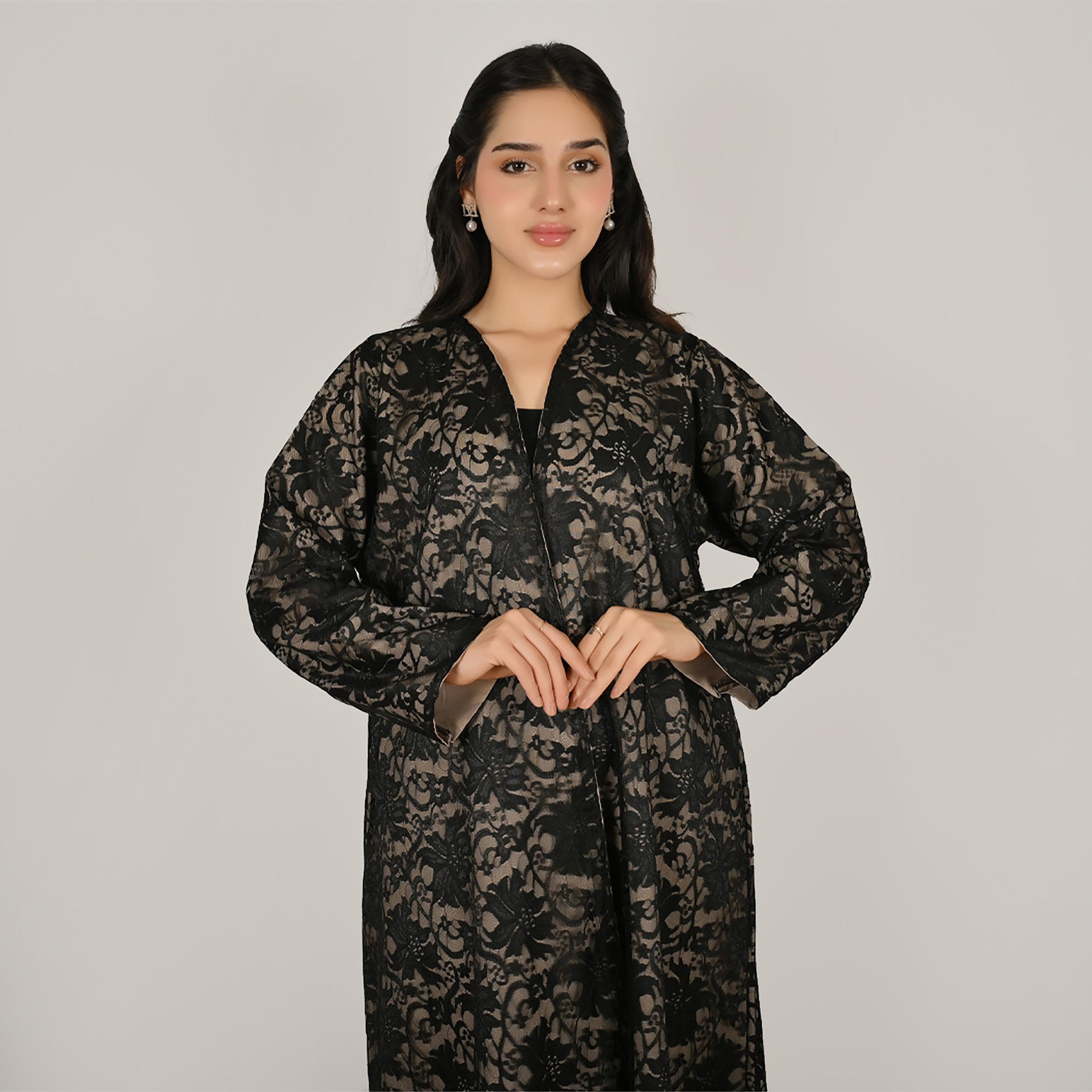حوراء عباية كتان نسائية مفتوحة من الأمام مع حجاب، دانتيل متعدد الألوان-women-arabicclothing-abayas-image-6