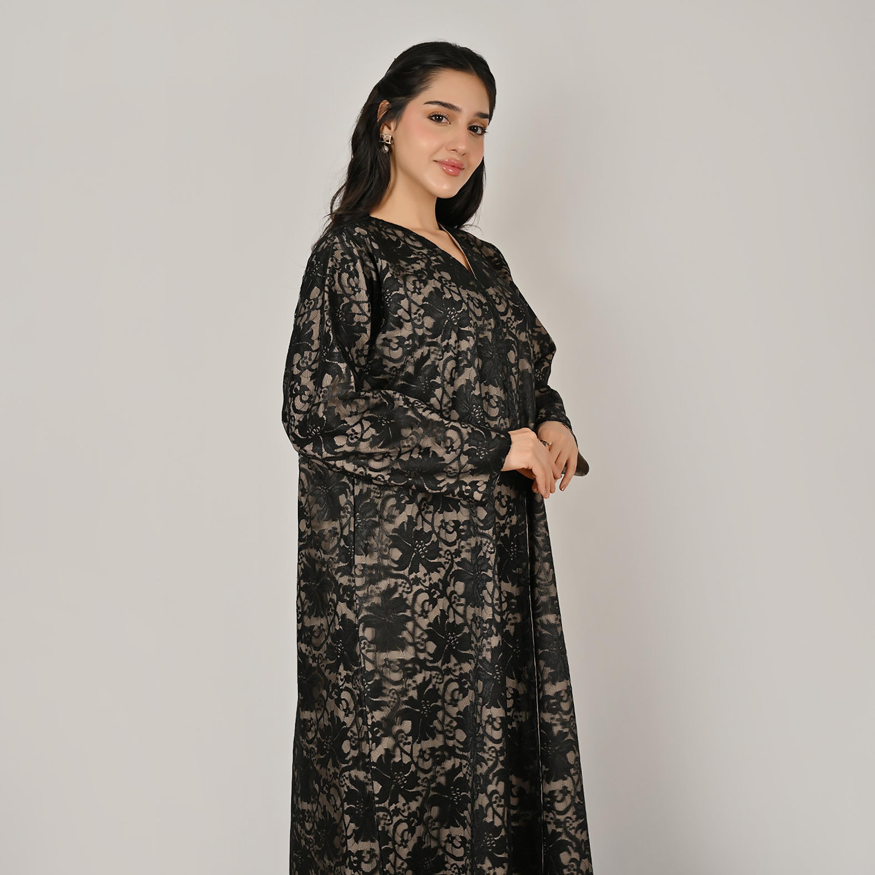 حوراء عباية كتان نسائية مفتوحة من الأمام مع حجاب، دانتيل متعدد الألوان-women-arabicclothing-abayas-image-7
