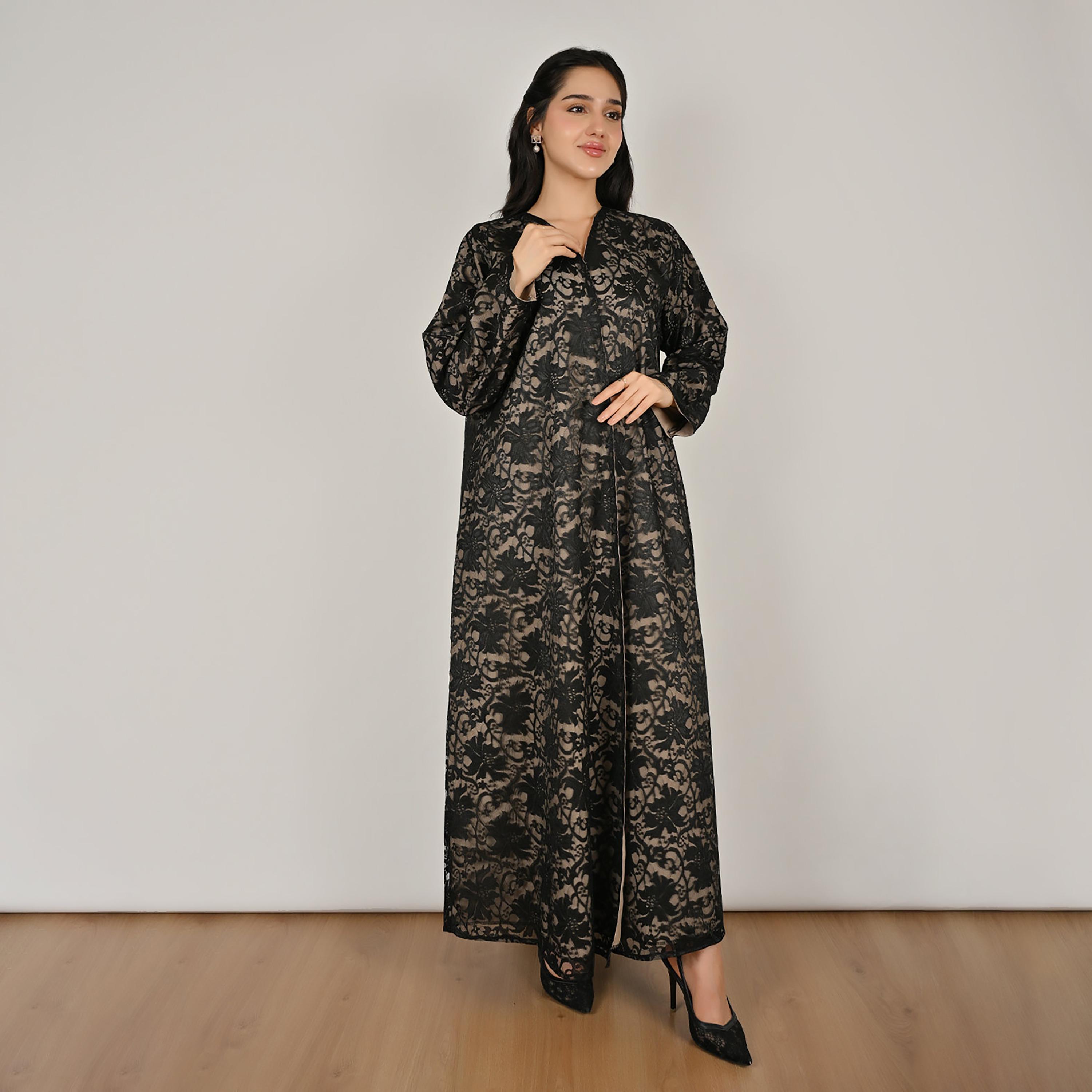 حوراء عباية كتان نسائية مفتوحة من الأمام مع حجاب، دانتيل متعدد الألوان-women-arabicclothing-abayas-image-8