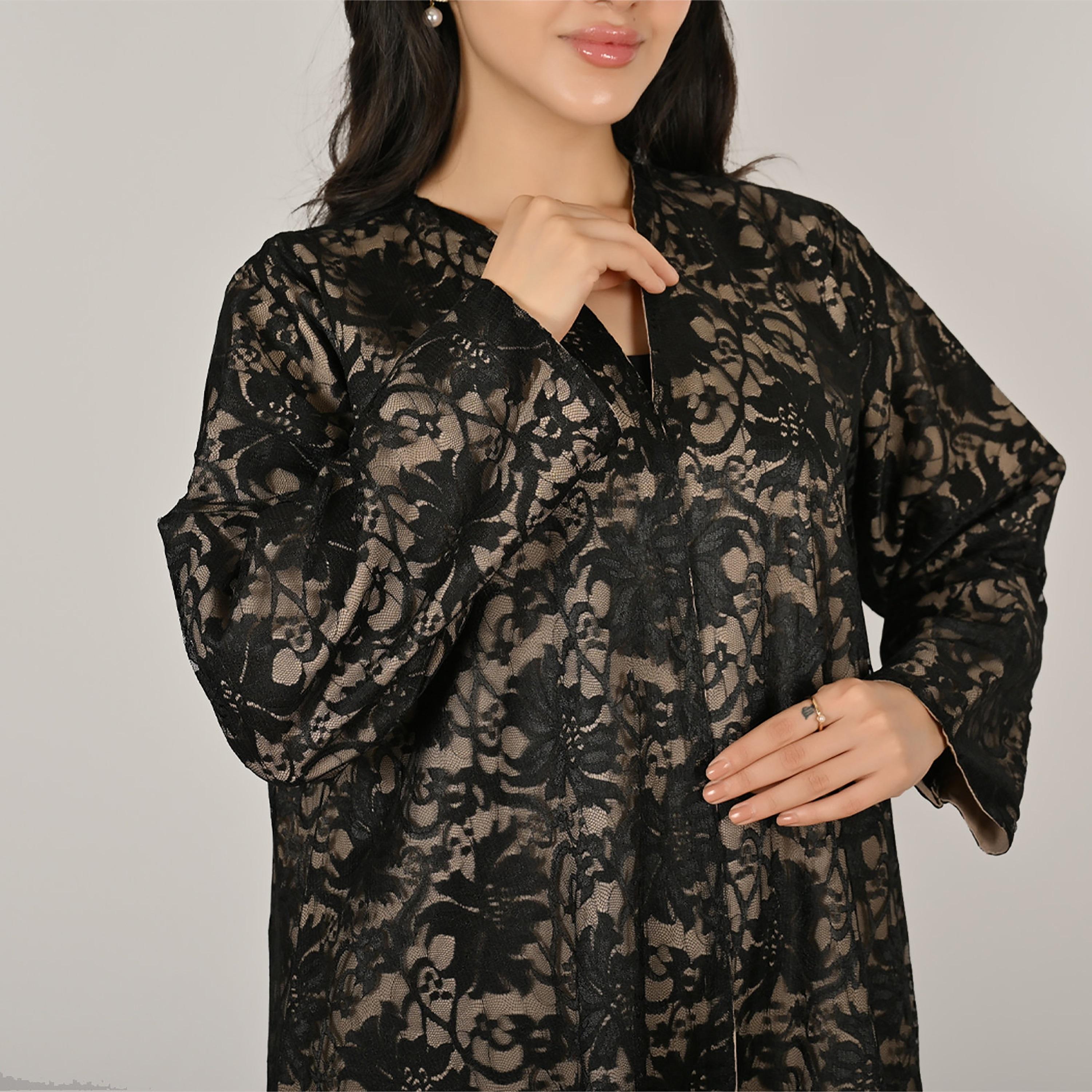 حوراء عباية كتان نسائية مفتوحة من الأمام مع حجاب، دانتيل متعدد الألوان-women-arabicclothing-abayas-image-9
