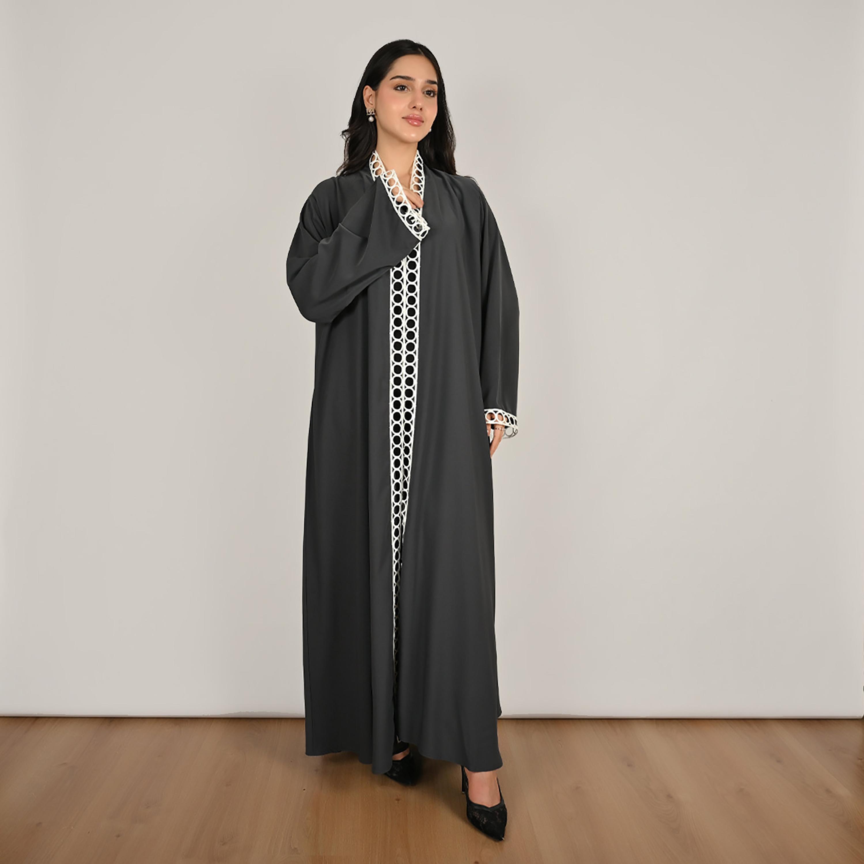 Hawraa Dark Grey Wide Sleeves Loop Lace Trim Open Front Women's Linen Abaya with Hijab-women-arabicclothing-abayas-image-1