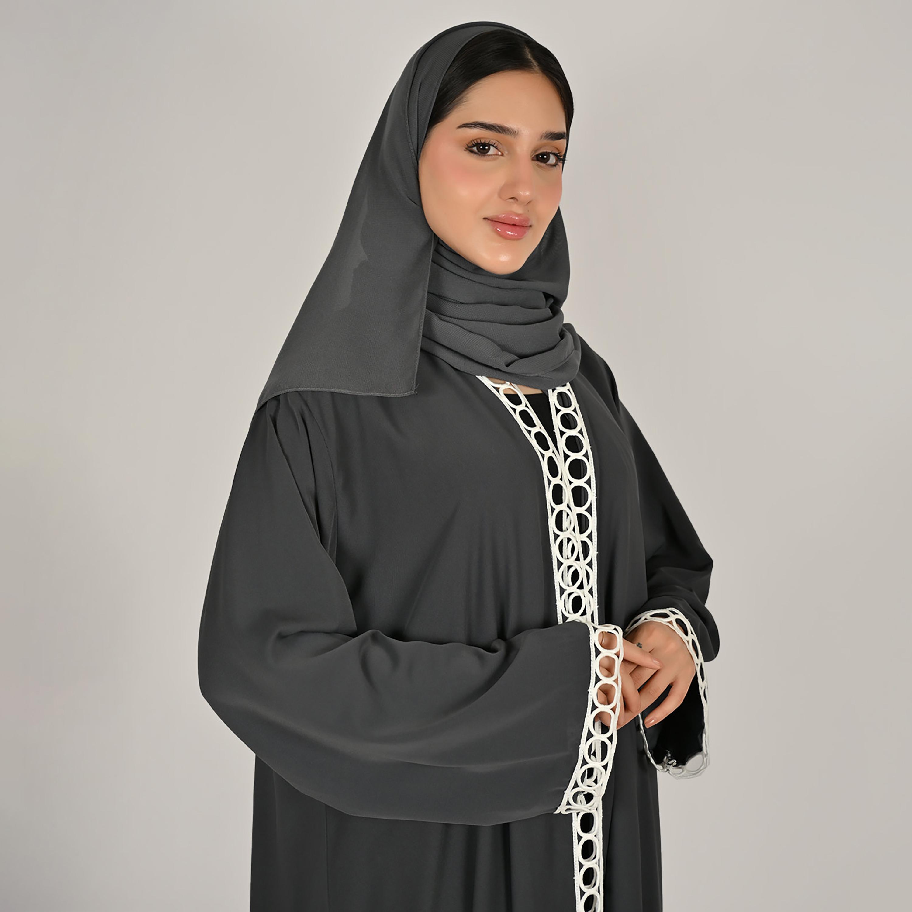 Hawraa Dark Grey Wide Sleeves Loop Lace Trim Open Front Women's Linen Abaya with Hijab-women-arabicclothing-abayas-image-2