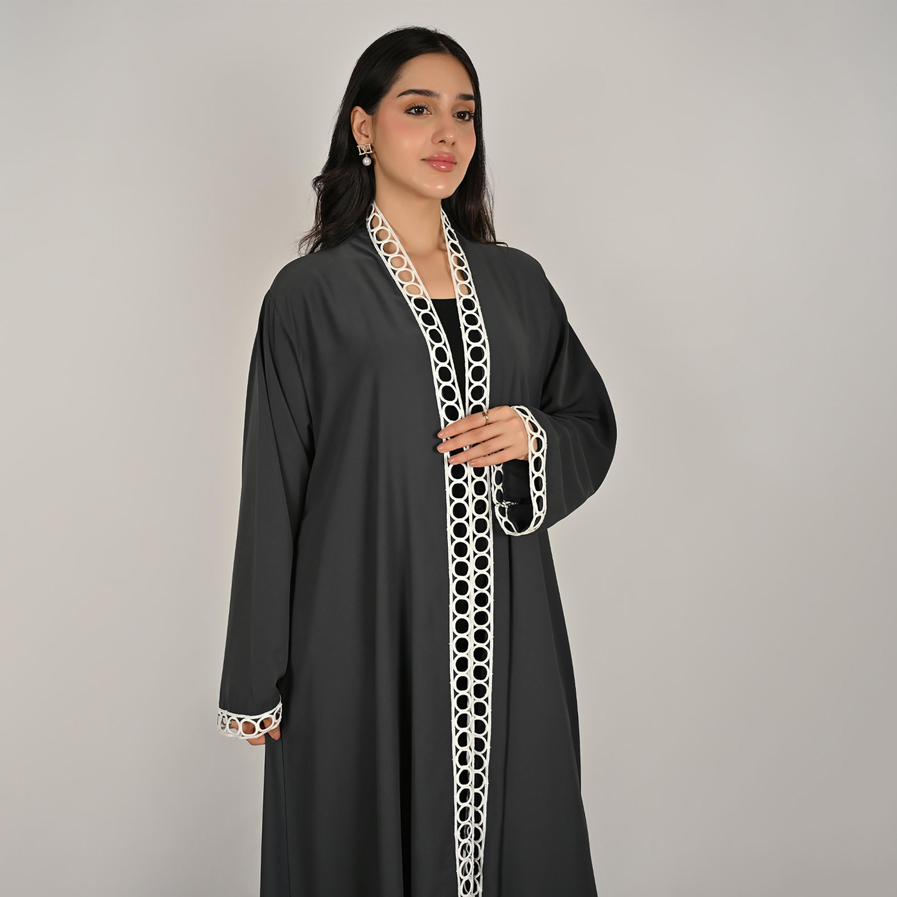 Hawraa Dark Grey Wide Sleeves Loop Lace Trim Open Front Women's Linen Abaya with Hijab-women-arabicclothing-abayas-image-3