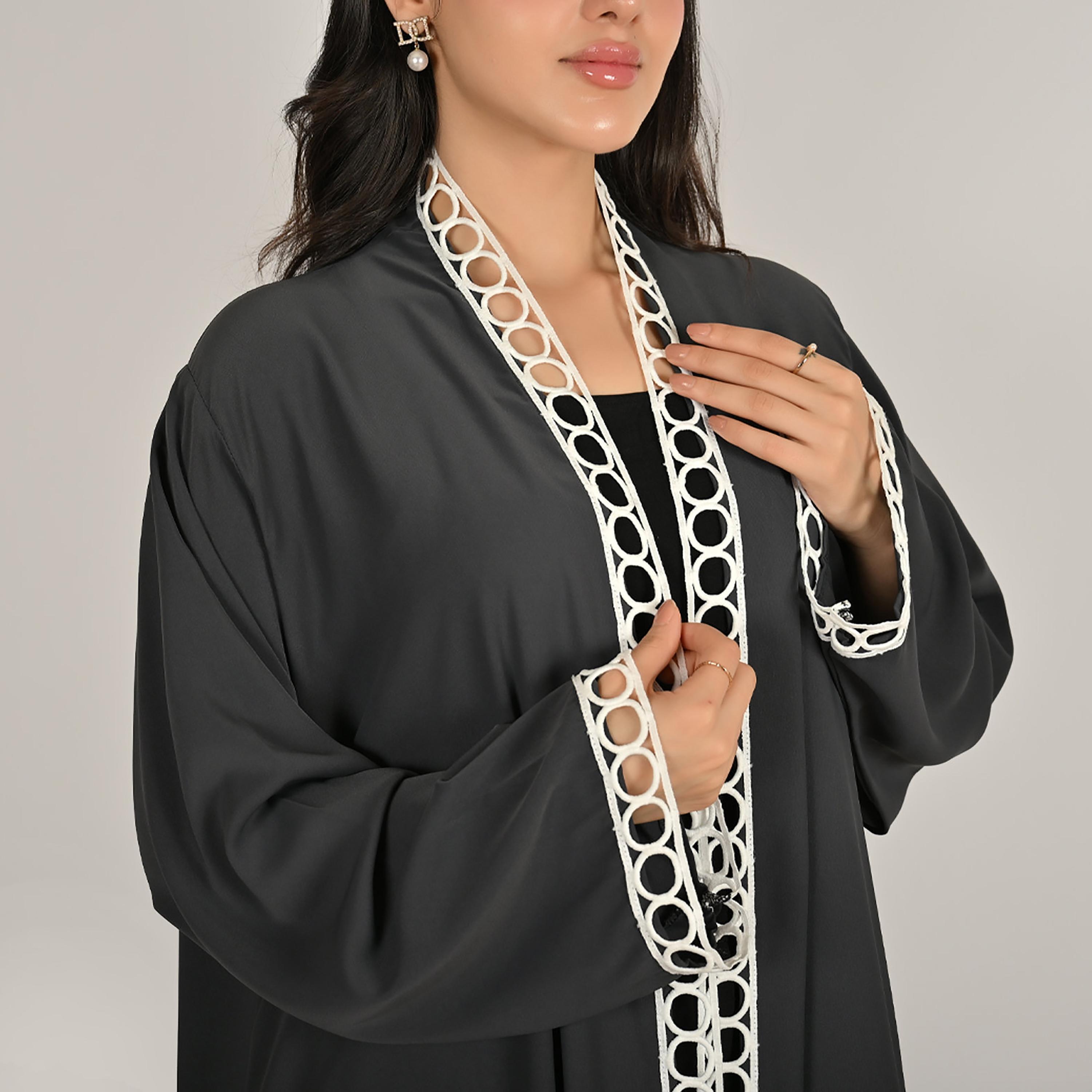 Hawraa Dark Grey Wide Sleeves Loop Lace Trim Open Front Women's Linen Abaya with Hijab-women-arabicclothing-abayas-image-4