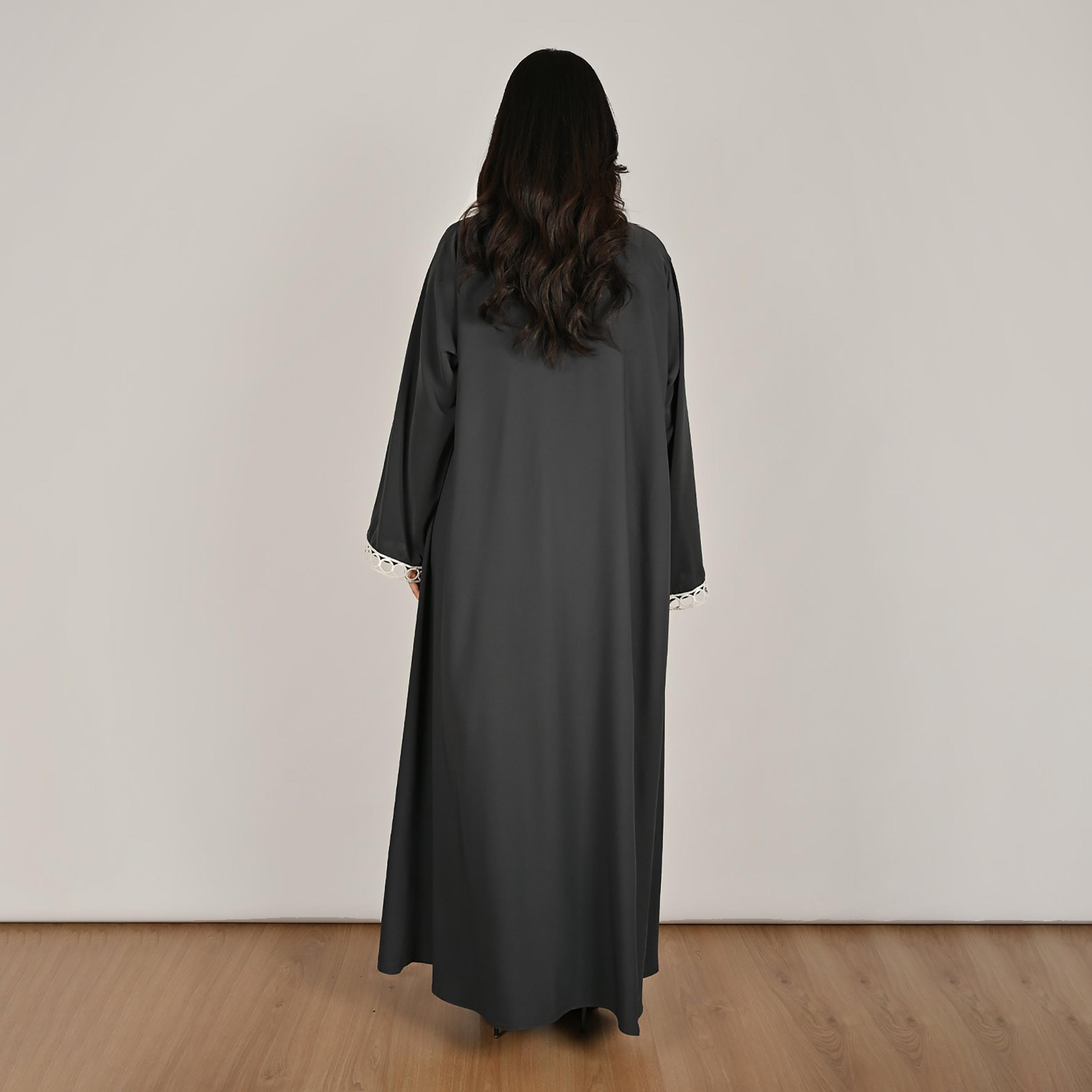 Hawraa Dark Grey Wide Sleeves Loop Lace Trim Open Front Women's Linen Abaya with Hijab-women-arabicclothing-abayas-image-5