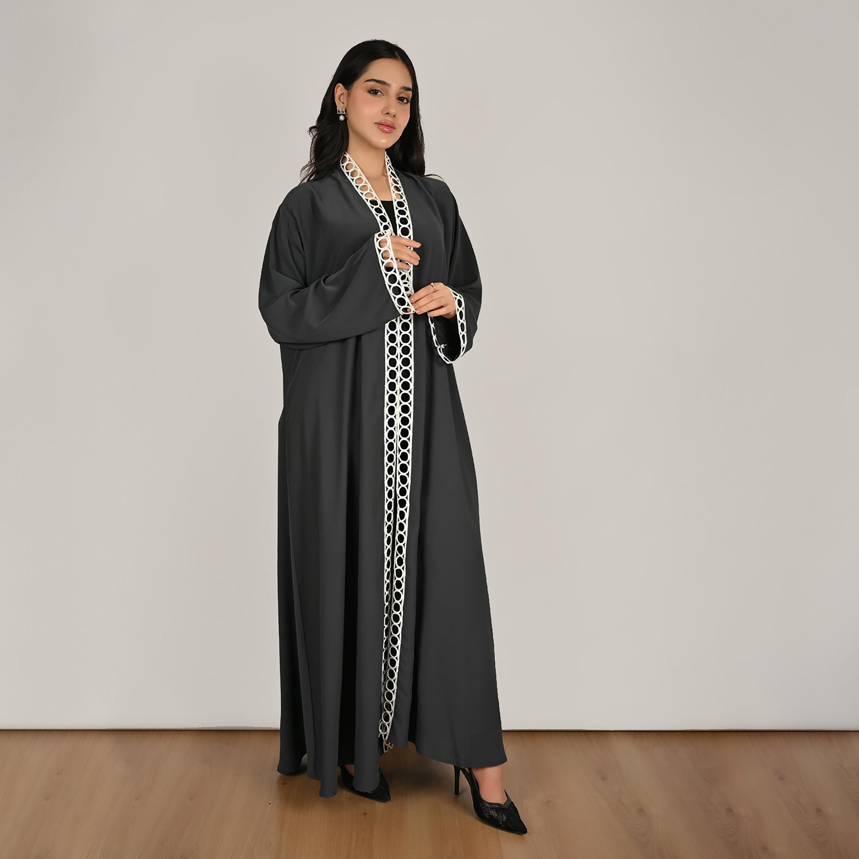 Hawraa Dark Grey Wide Sleeves Loop Lace Trim Open Front Women's Linen Abaya with Hijab-women-arabicclothing-abayas-image-6