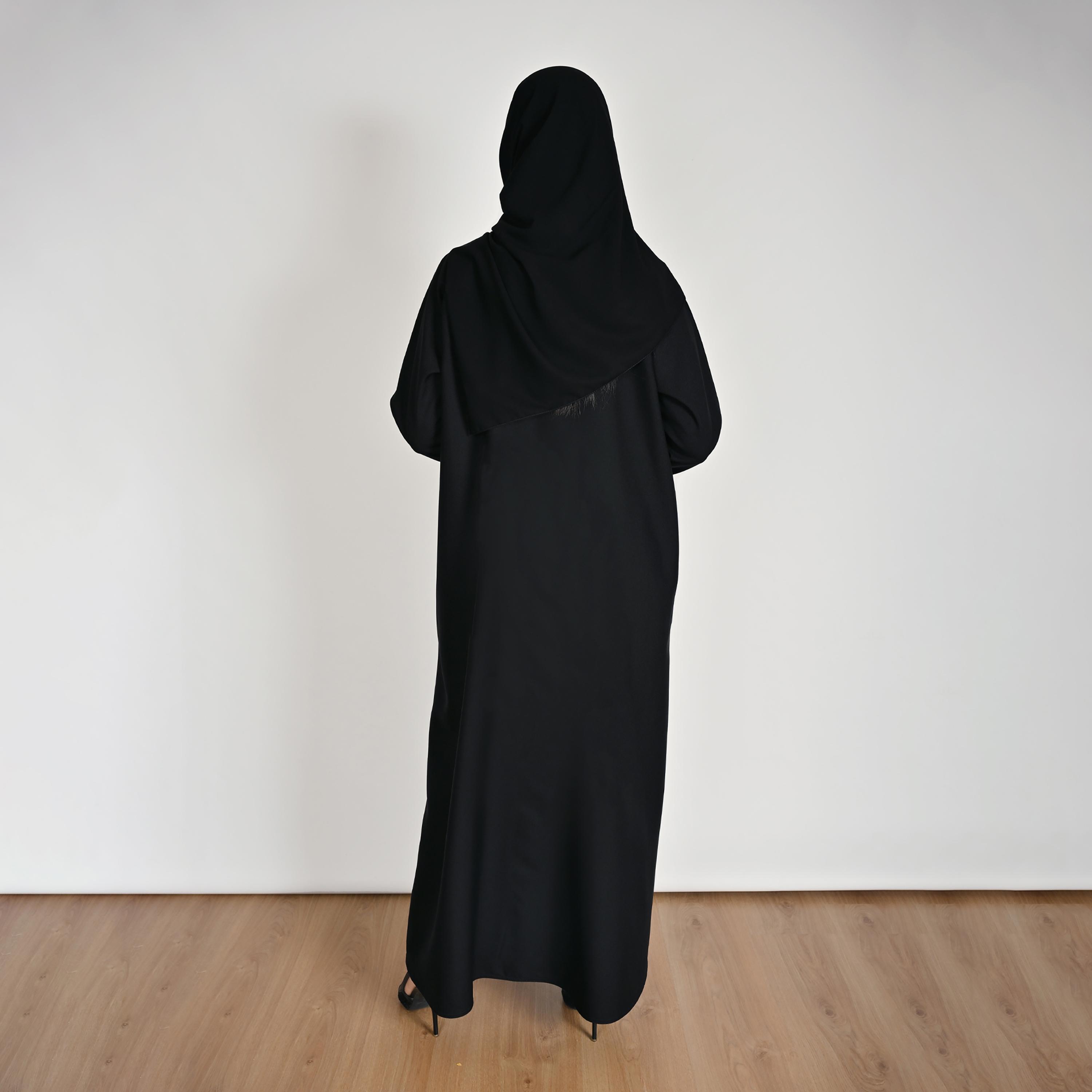 عباية كتان حريمي مفتوحة من الأمام بتفاصيل لوحة دانتيل باللون الأسود مع حجاب من حوراء-women-arabicclothing-abayas-image-6