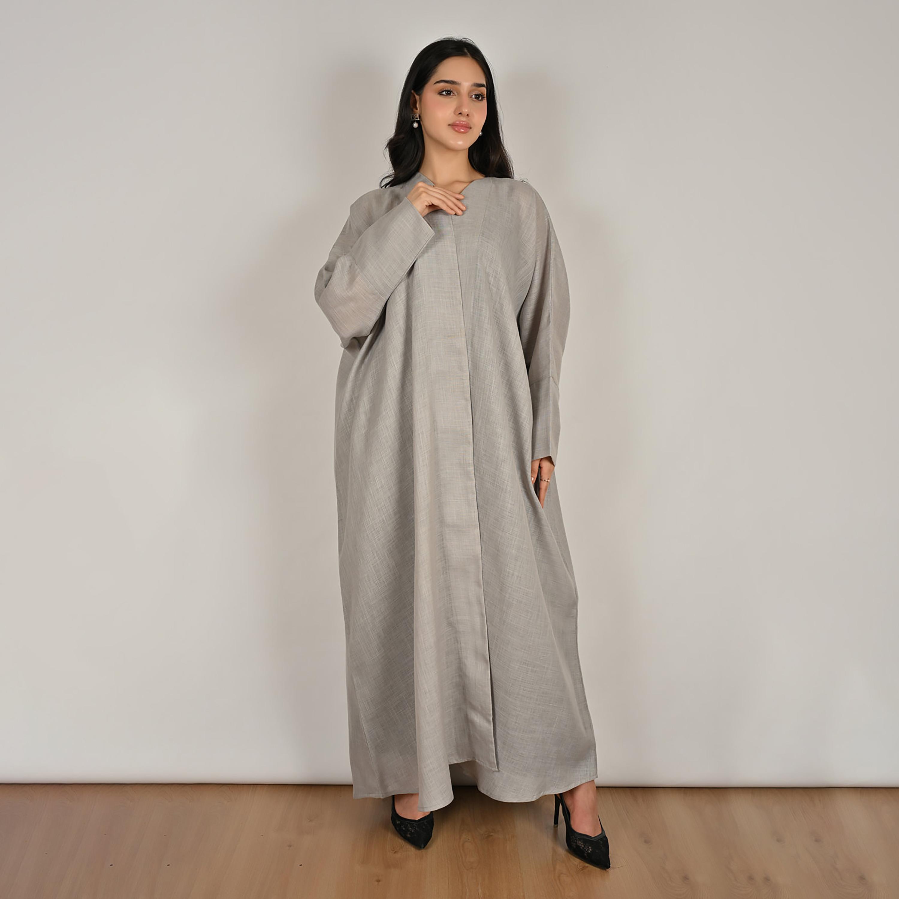 Hawraa Light Grey Back Embroidered Women's Quarter-Bisht Linen Abaya with Hijab-women-arabicclothing-abayas-image-1