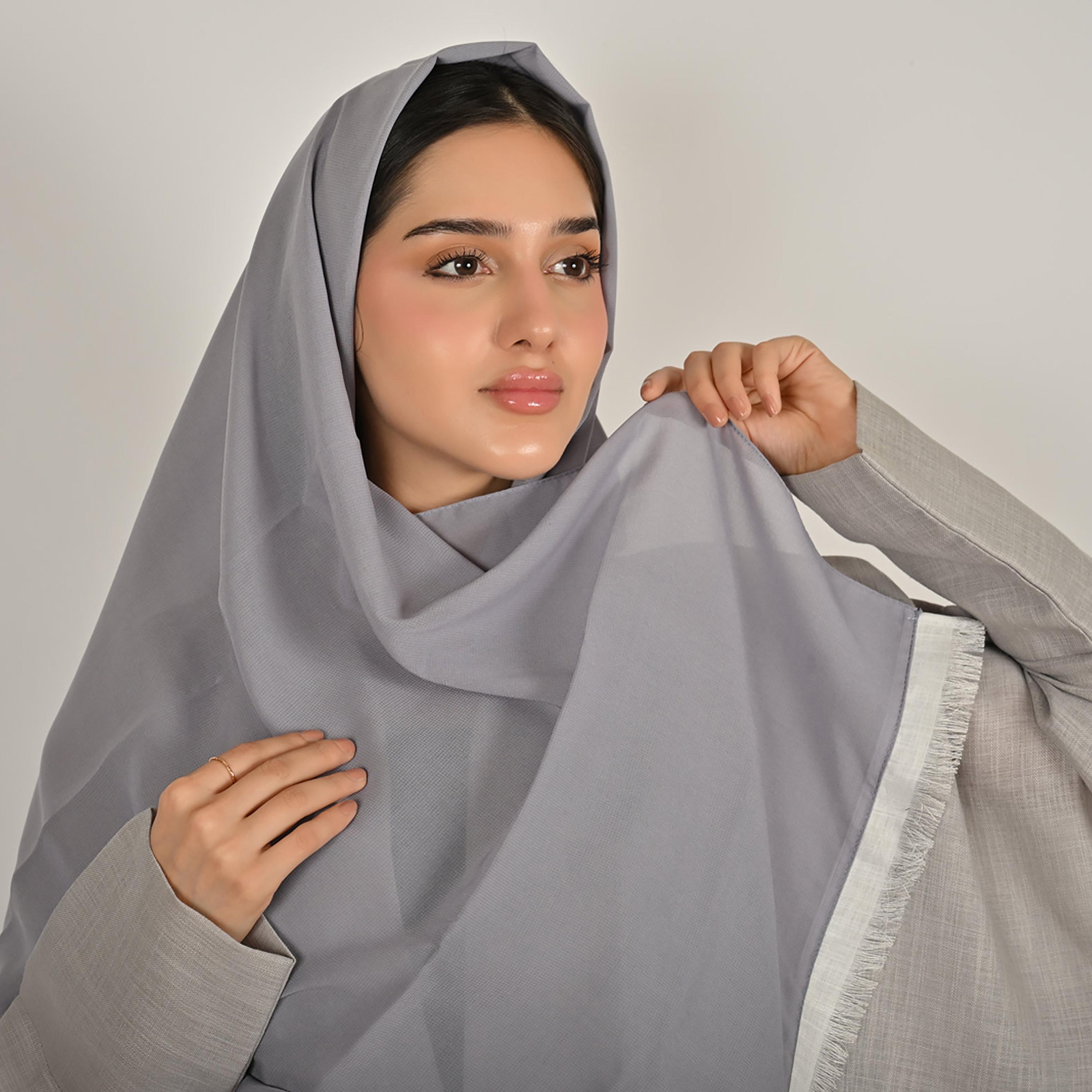 Hawraa Light Grey Back Embroidered Women's Quarter-Bisht Linen Abaya with Hijab-women-arabicclothing-abayas-image-2