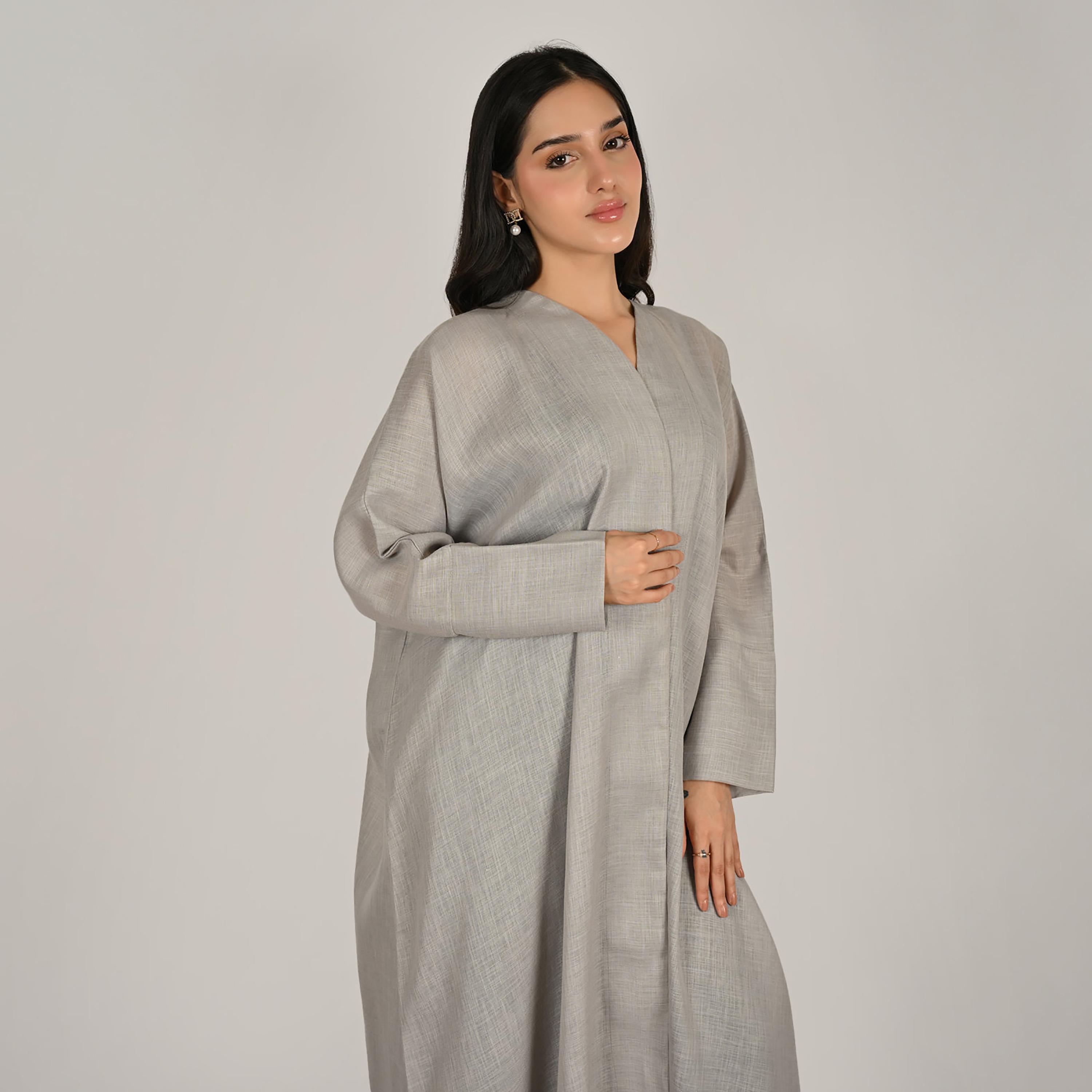 Hawraa Light Grey Back Embroidered Women's Quarter-Bisht Linen Abaya with Hijab-women-arabicclothing-abayas-image-3