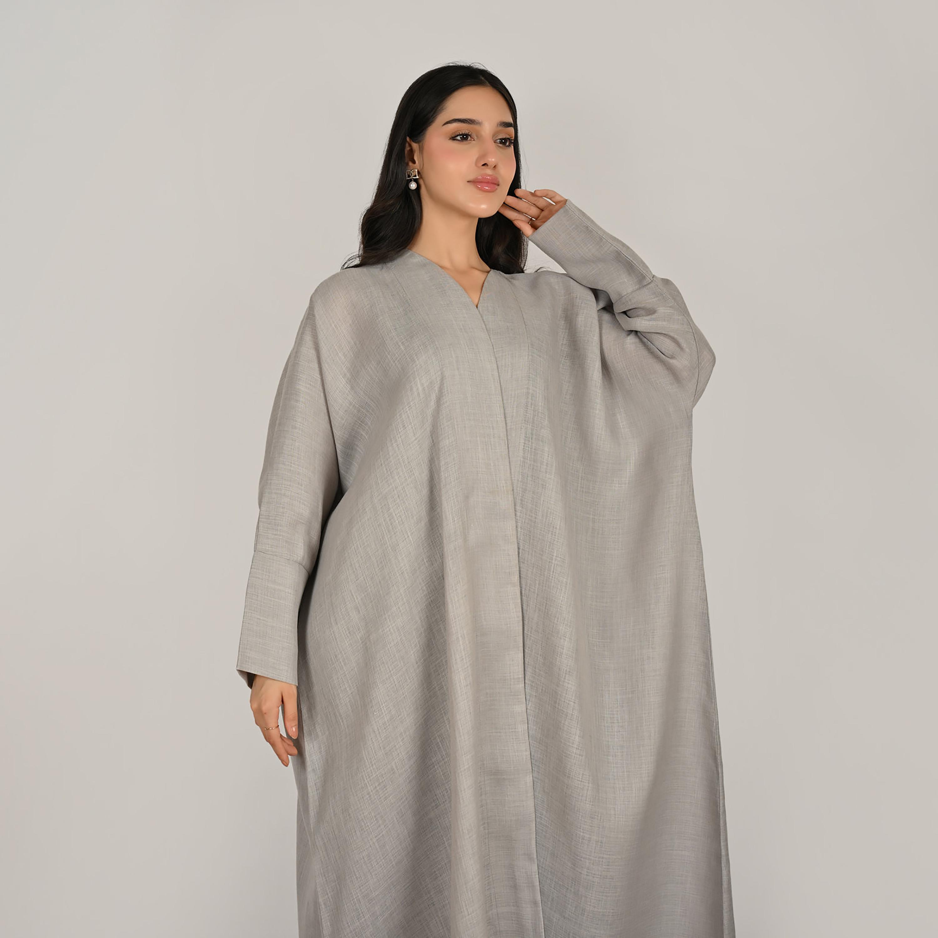 Hawraa Light Grey Back Embroidered Women's Quarter-Bisht Linen Abaya with Hijab-women-arabicclothing-abayas-image-4