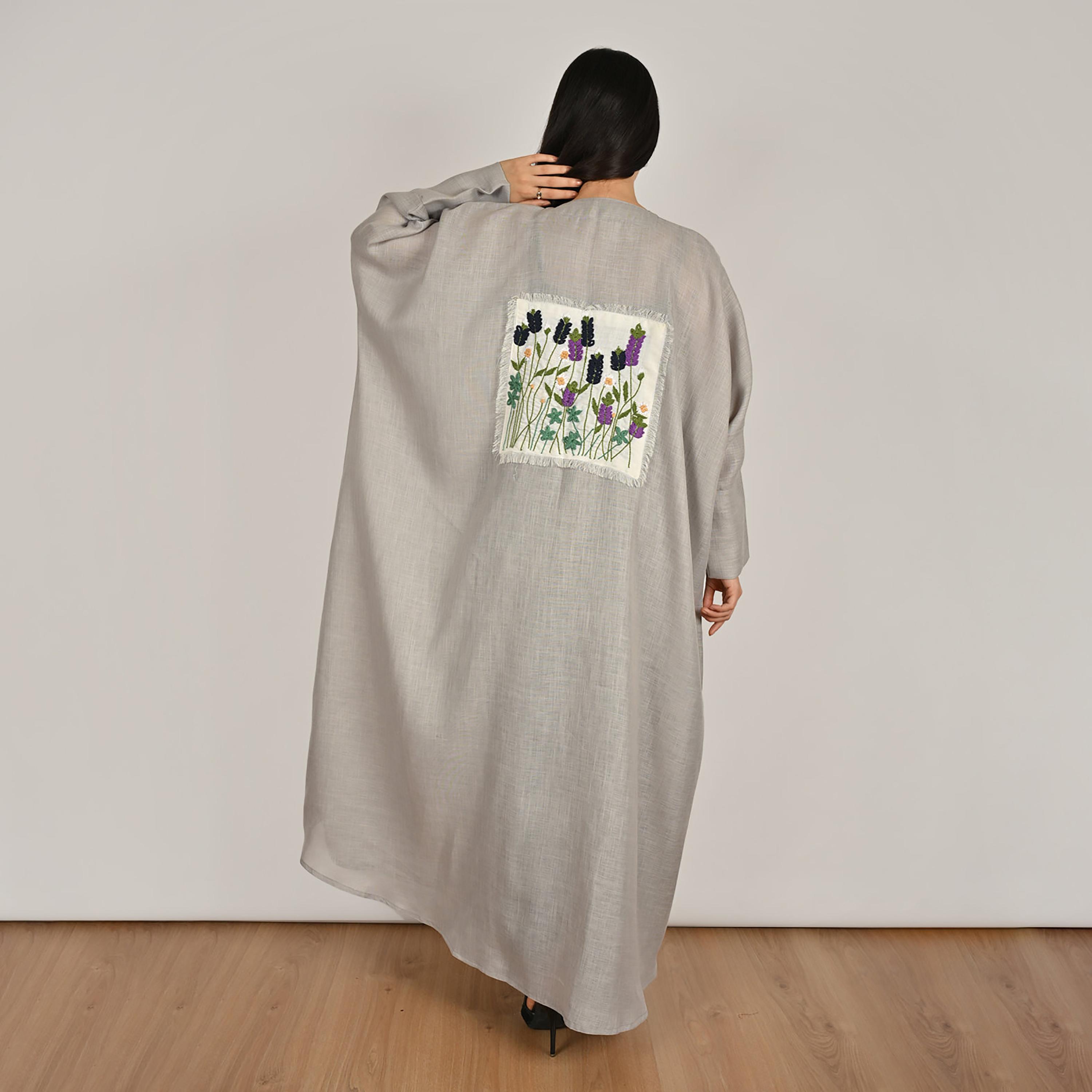 Hawraa Light Grey Back Embroidered Women's Quarter-Bisht Linen Abaya with Hijab-women-arabicclothing-abayas-image-5