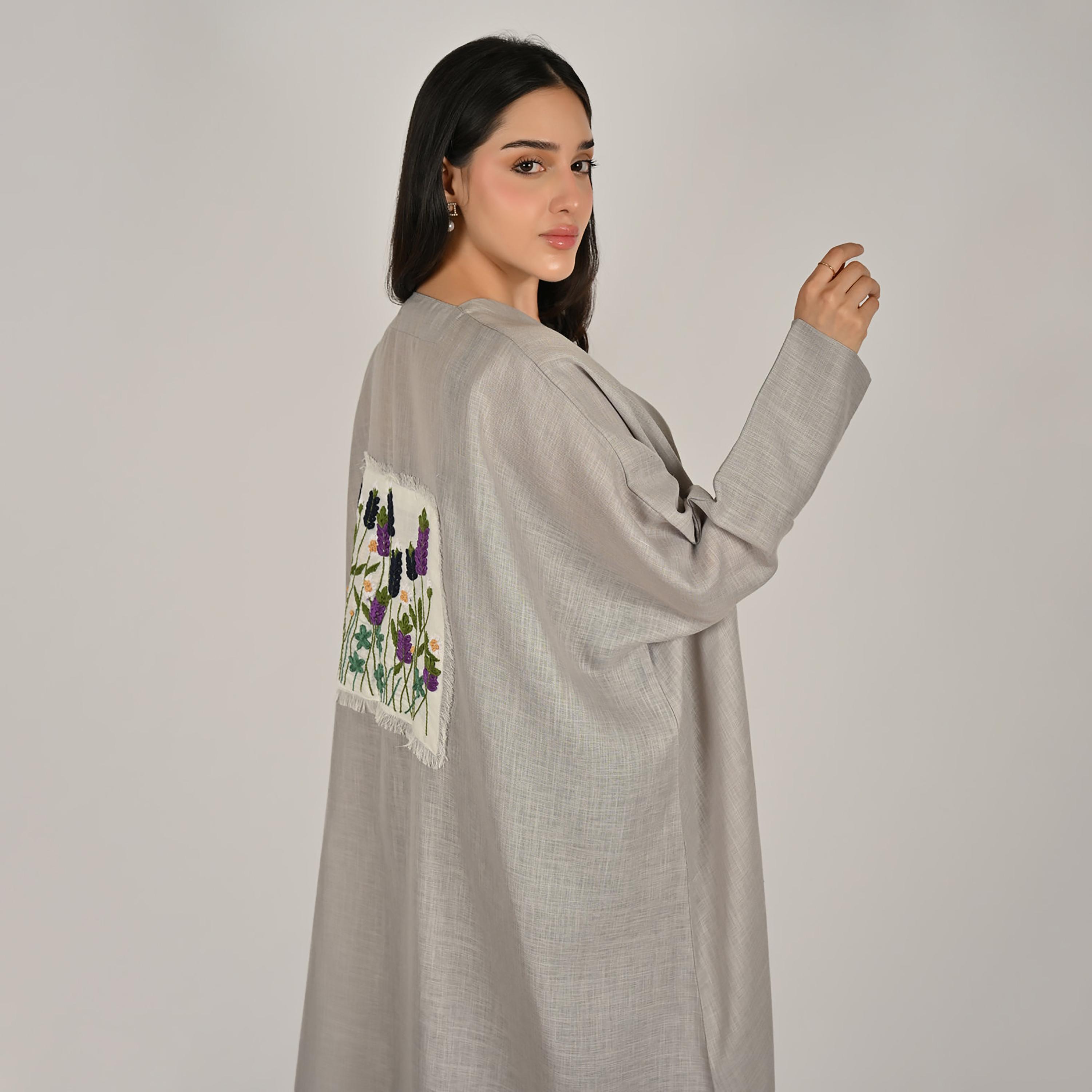 Hawraa Light Grey Back Embroidered Women's Quarter-Bisht Linen Abaya with Hijab-women-arabicclothing-abayas-image-6