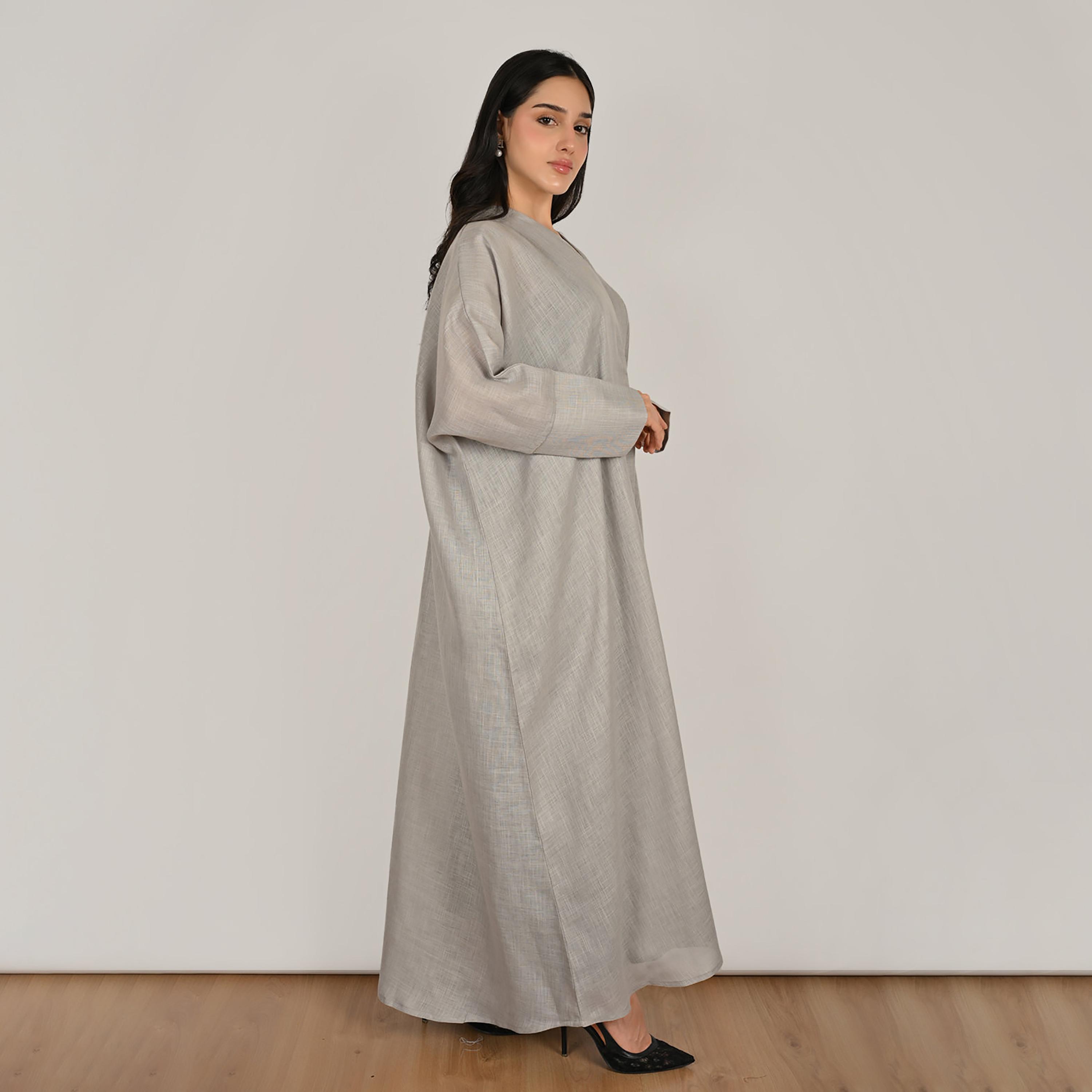 Hawraa Light Grey Back Embroidered Women's Quarter-Bisht Linen Abaya with Hijab-women-arabicclothing-abayas-image-7
