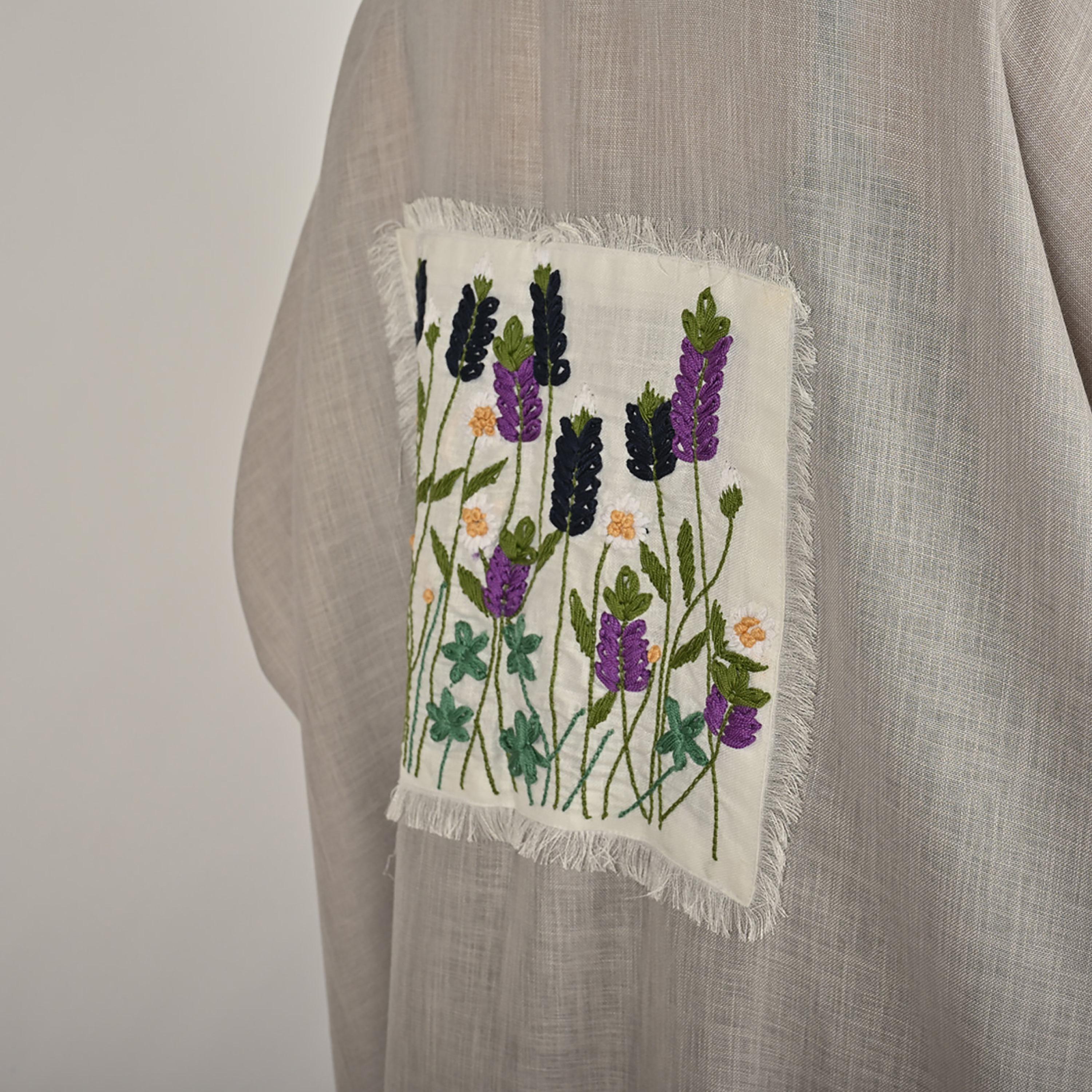 Hawraa Light Grey Back Embroidered Women's Quarter-Bisht Linen Abaya with Hijab-women-arabicclothing-abayas-image-8