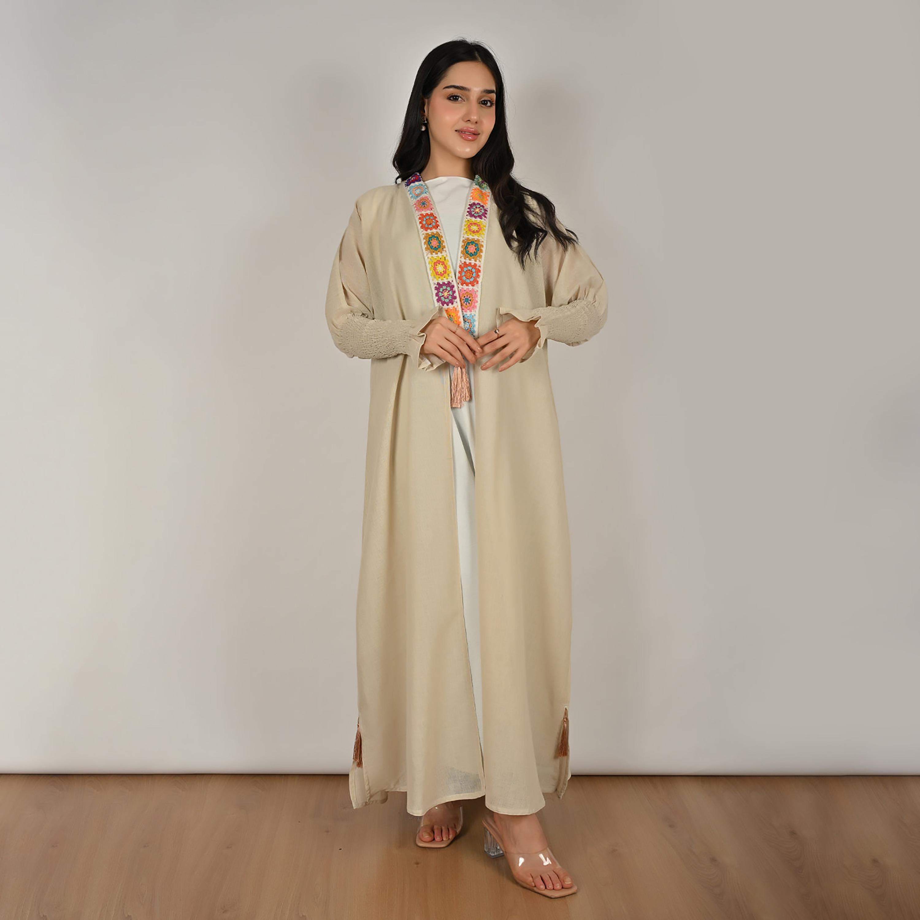 Hawraa Cream Smocked Sleeves Embroidered Trim Open Front Women's Linen Abaya with Hijab-women-arabicclothing-abayas-image-1