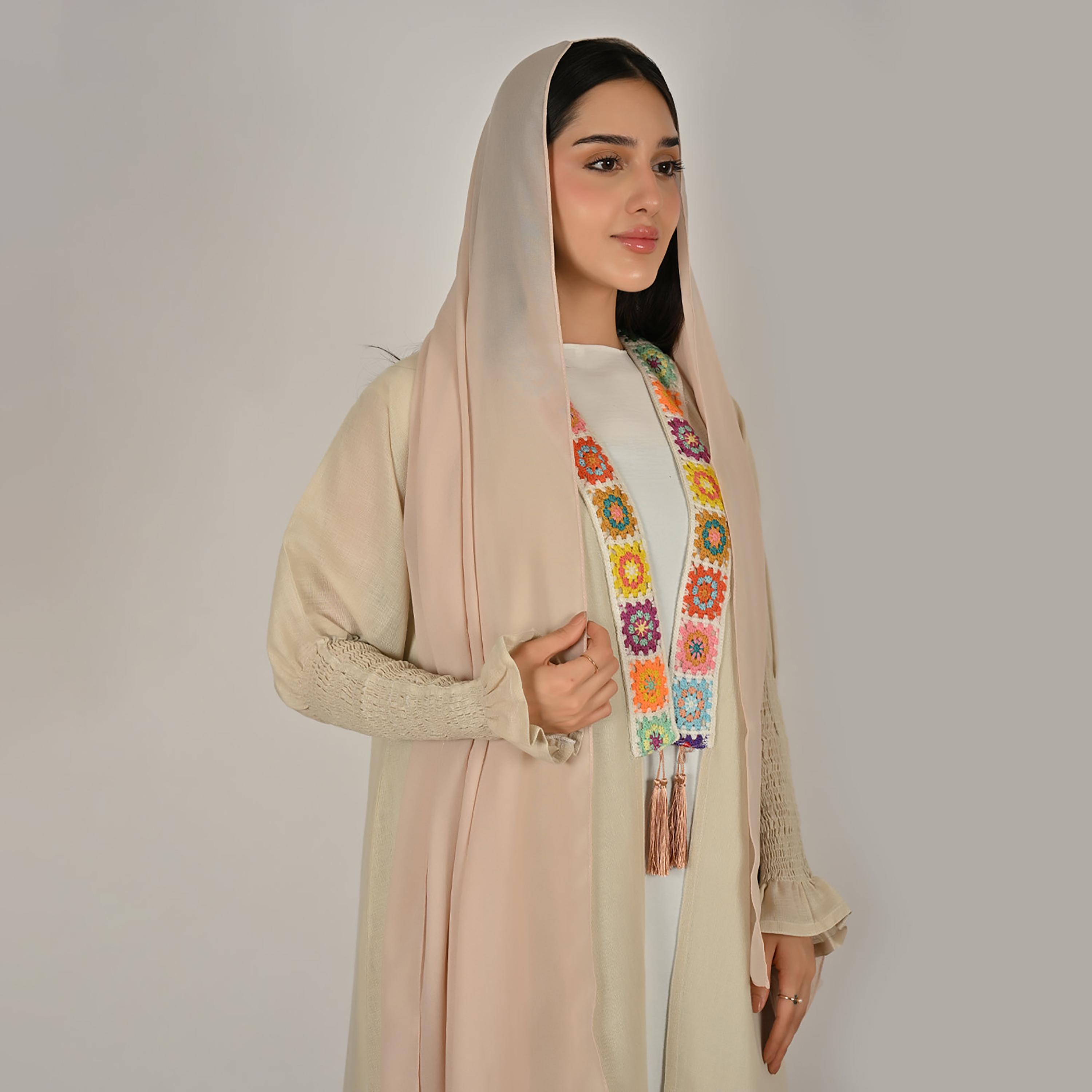 Hawraa Cream Smocked Sleeves Embroidered Trim Open Front Women's Linen Abaya with Hijab-women-arabicclothing-abayas-image-2