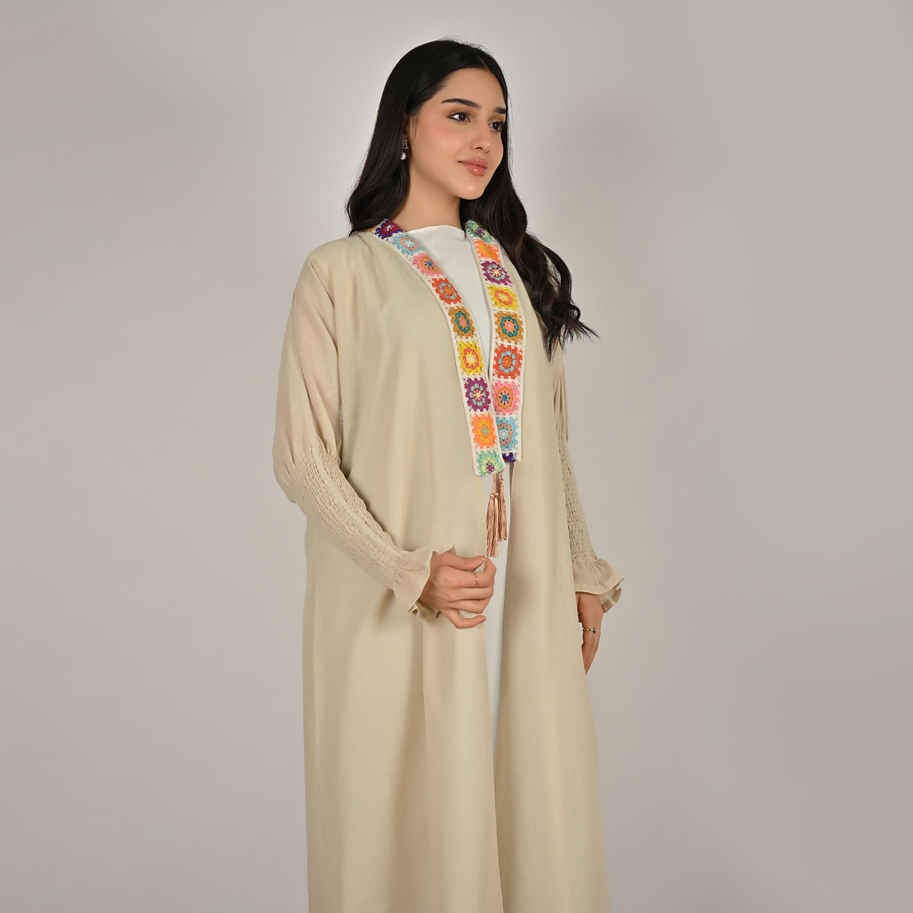 Hawraa Cream Smocked Sleeves Embroidered Trim Open Front Women's Linen Abaya with Hijab-women-arabicclothing-abayas-image-3