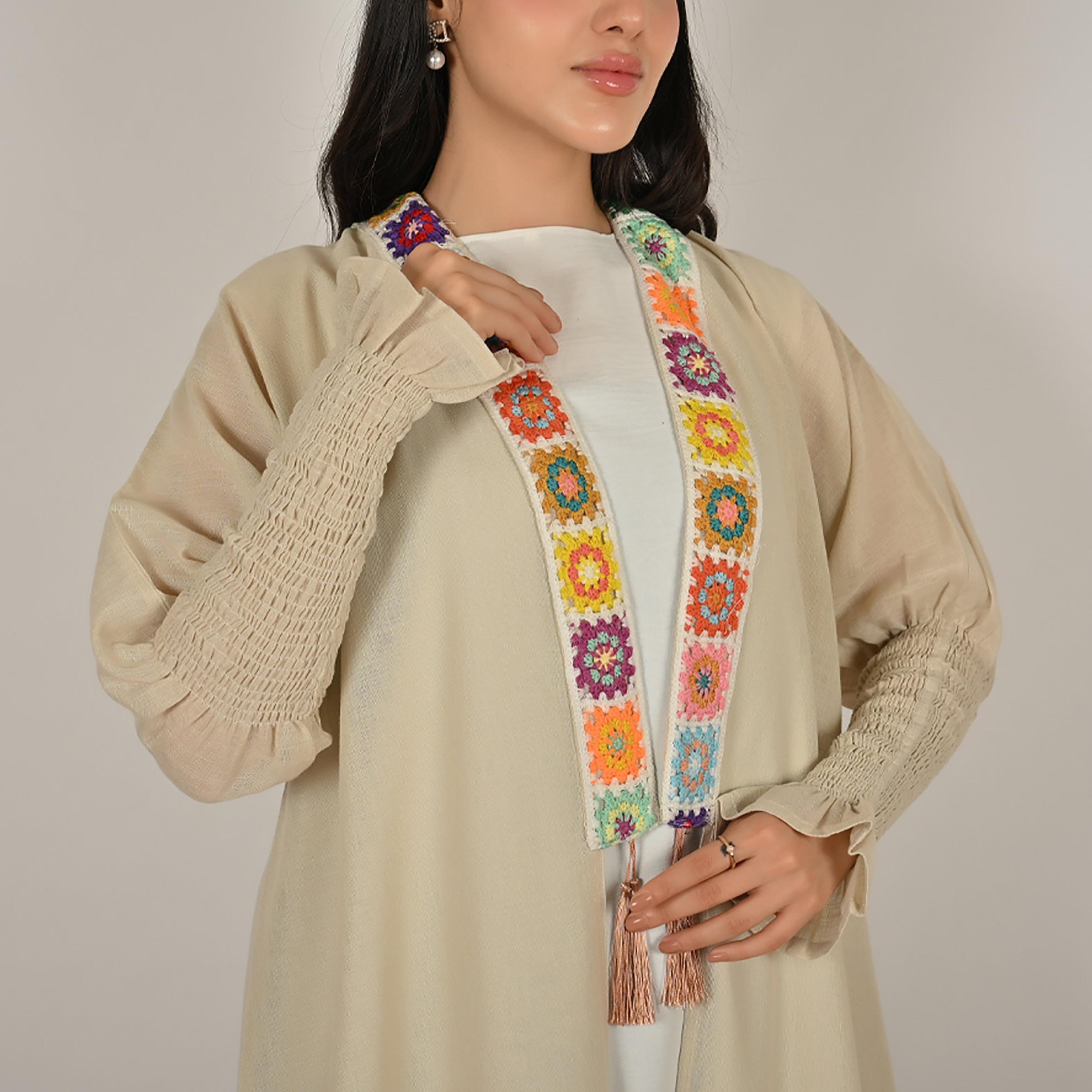 Hawraa Cream Smocked Sleeves Embroidered Trim Open Front Women's Linen Abaya with Hijab-women-arabicclothing-abayas-image-4