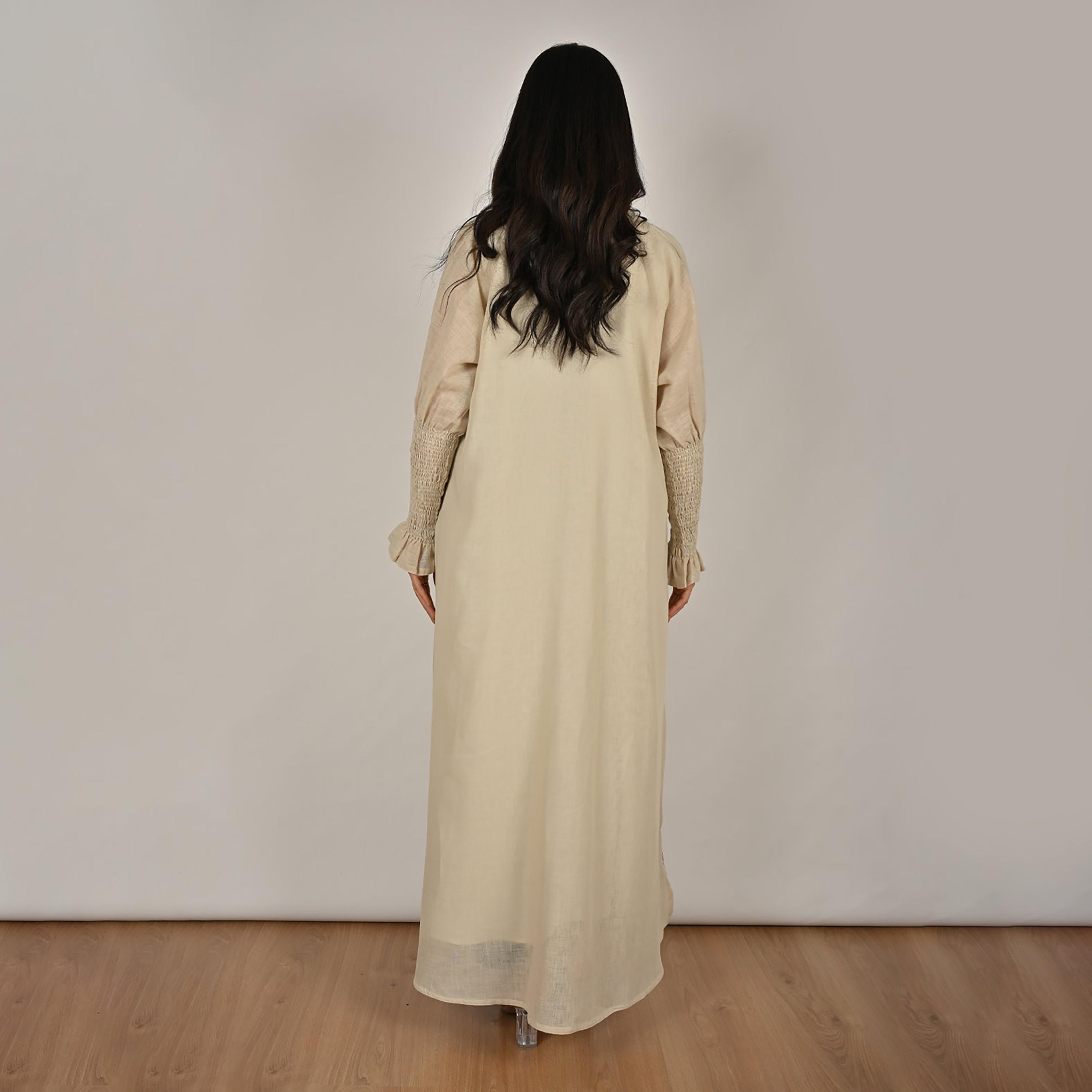 Hawraa Cream Smocked Sleeves Embroidered Trim Open Front Women's Linen Abaya with Hijab-women-arabicclothing-abayas-image-5