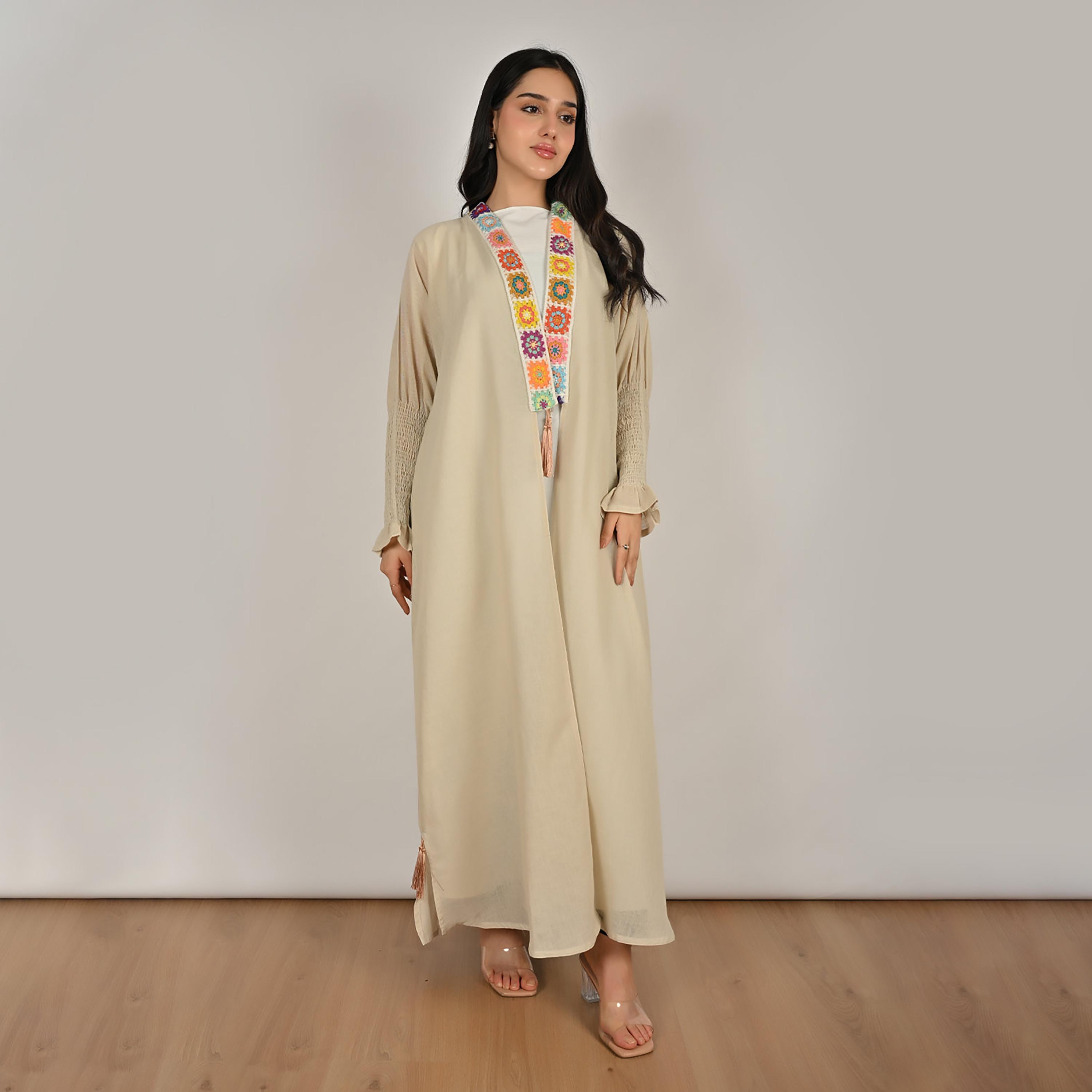 Hawraa Cream Smocked Sleeves Embroidered Trim Open Front Women's Linen Abaya with Hijab-women-arabicclothing-abayas-image-6