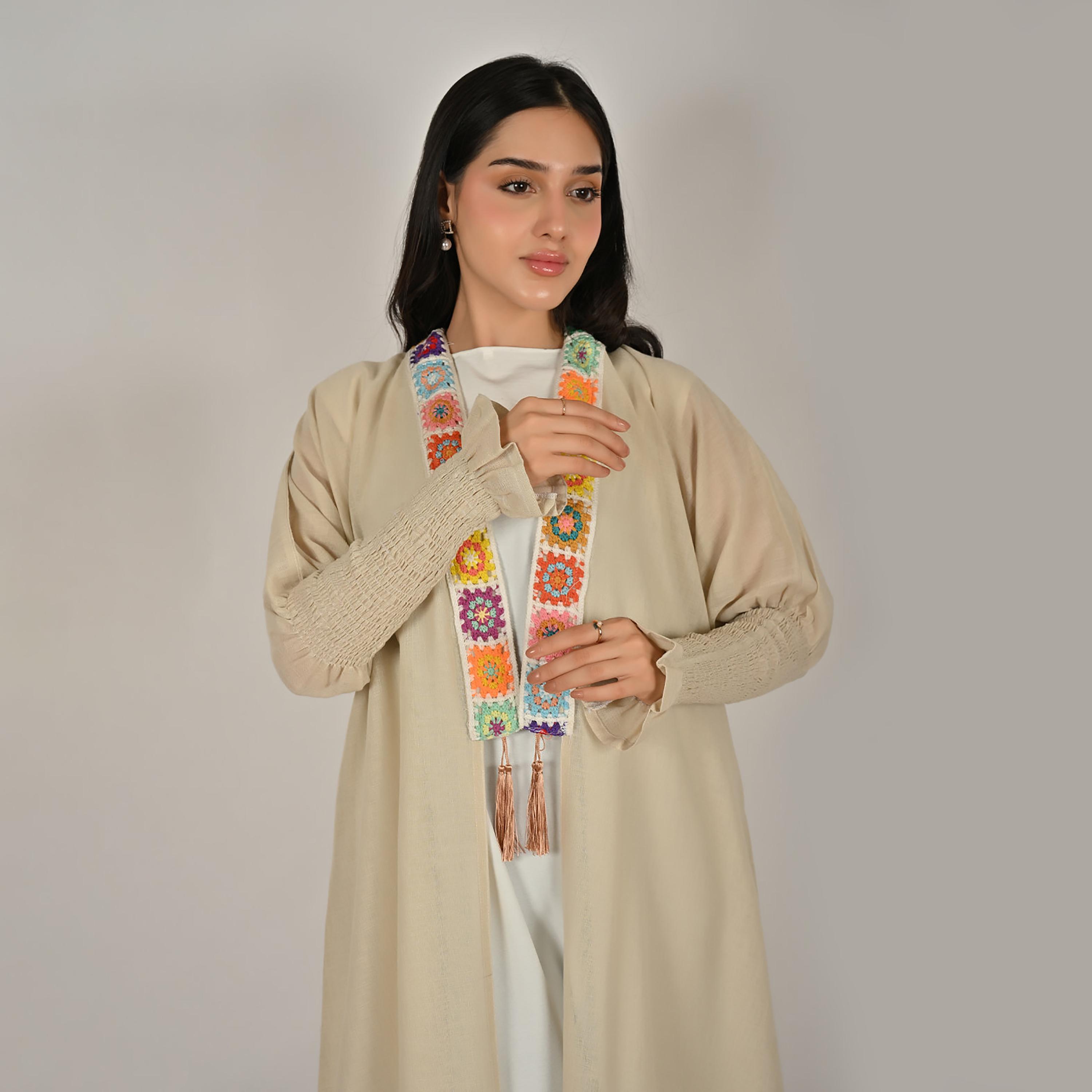 Hawraa Cream Smocked Sleeves Embroidered Trim Open Front Women's Linen Abaya with Hijab-women-arabicclothing-abayas-image-7