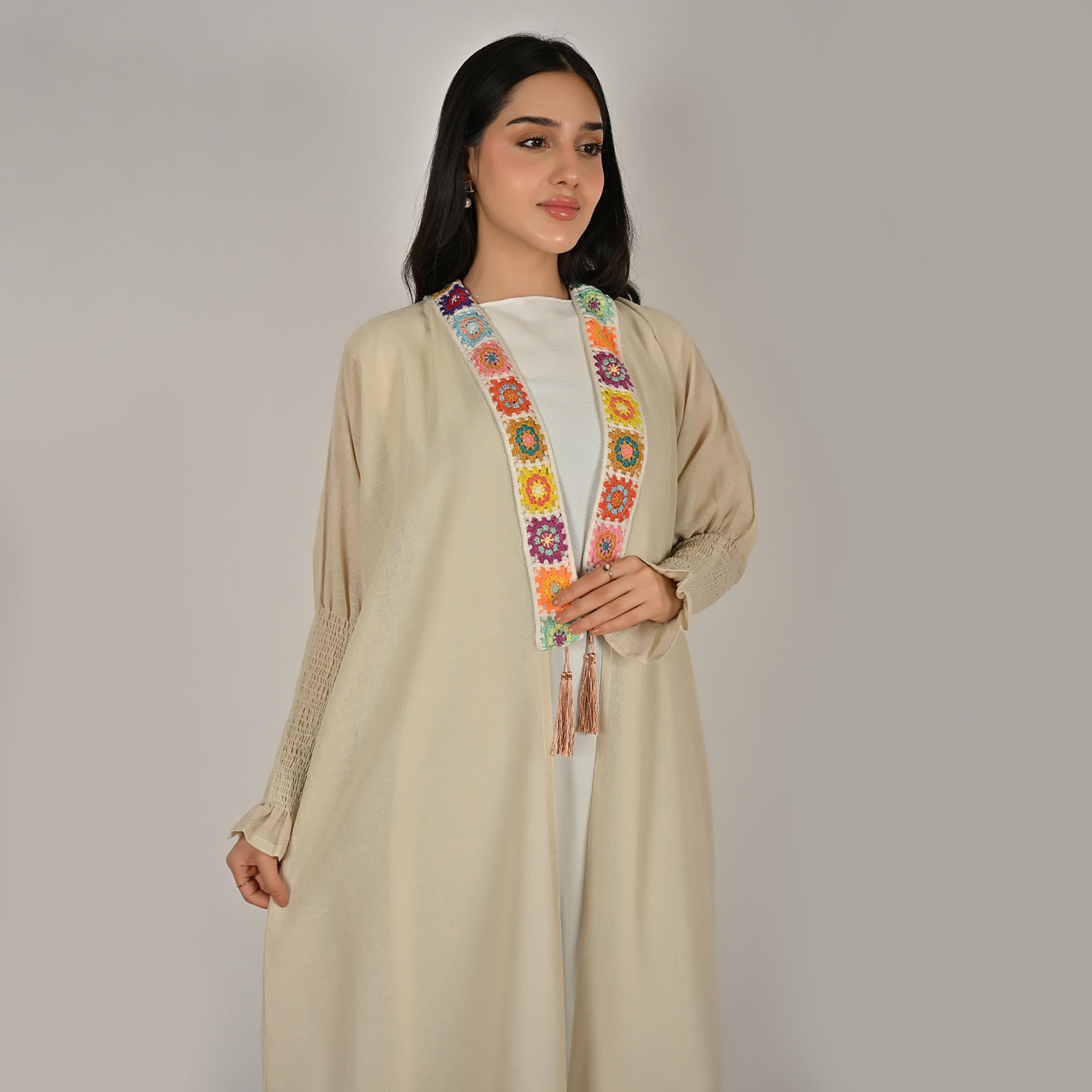 Hawraa Cream Smocked Sleeves Embroidered Trim Open Front Women's Linen Abaya with Hijab-women-arabicclothing-abayas-image-8