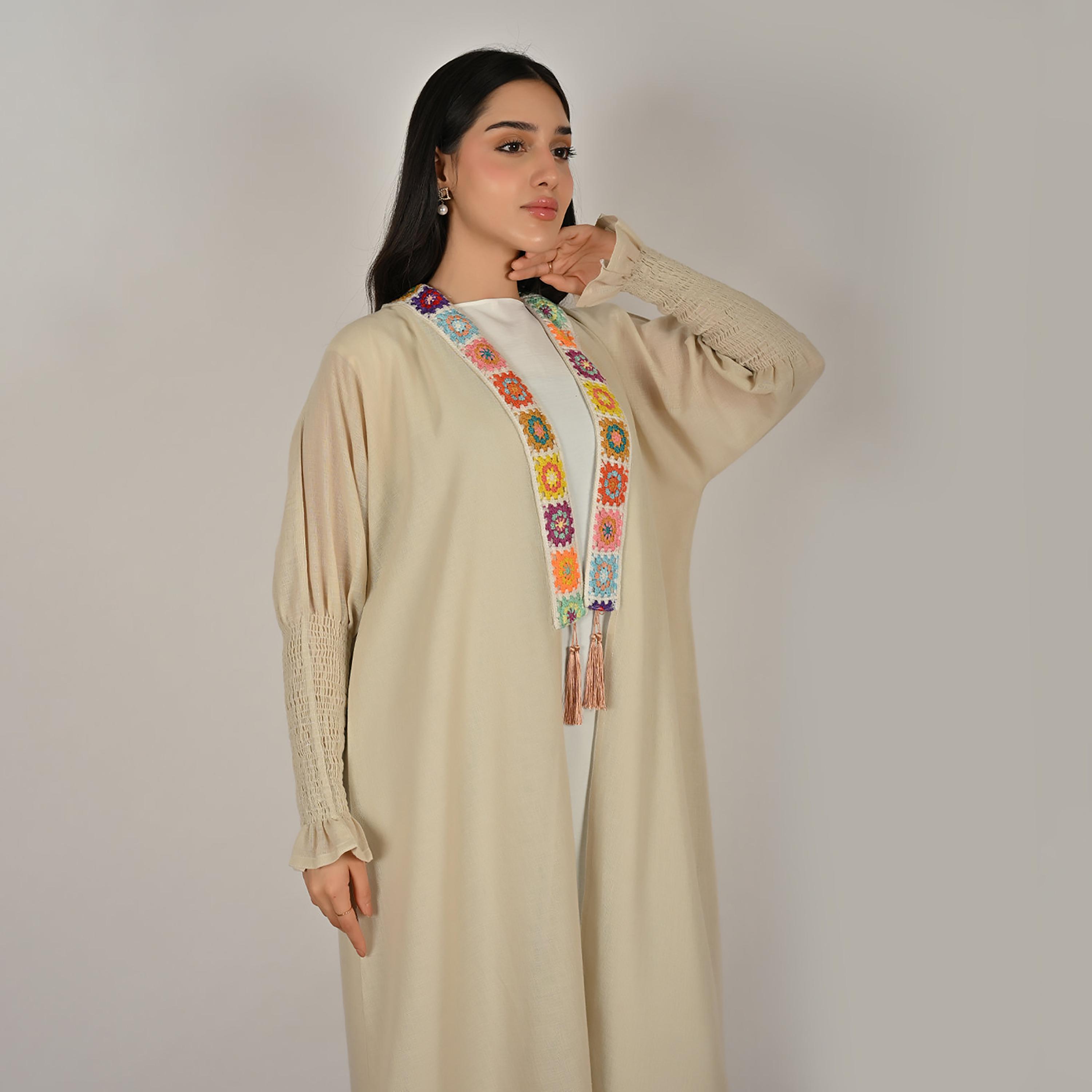 Hawraa Cream Smocked Sleeves Embroidered Trim Open Front Women's Linen Abaya with Hijab-women-arabicclothing-abayas-image-9