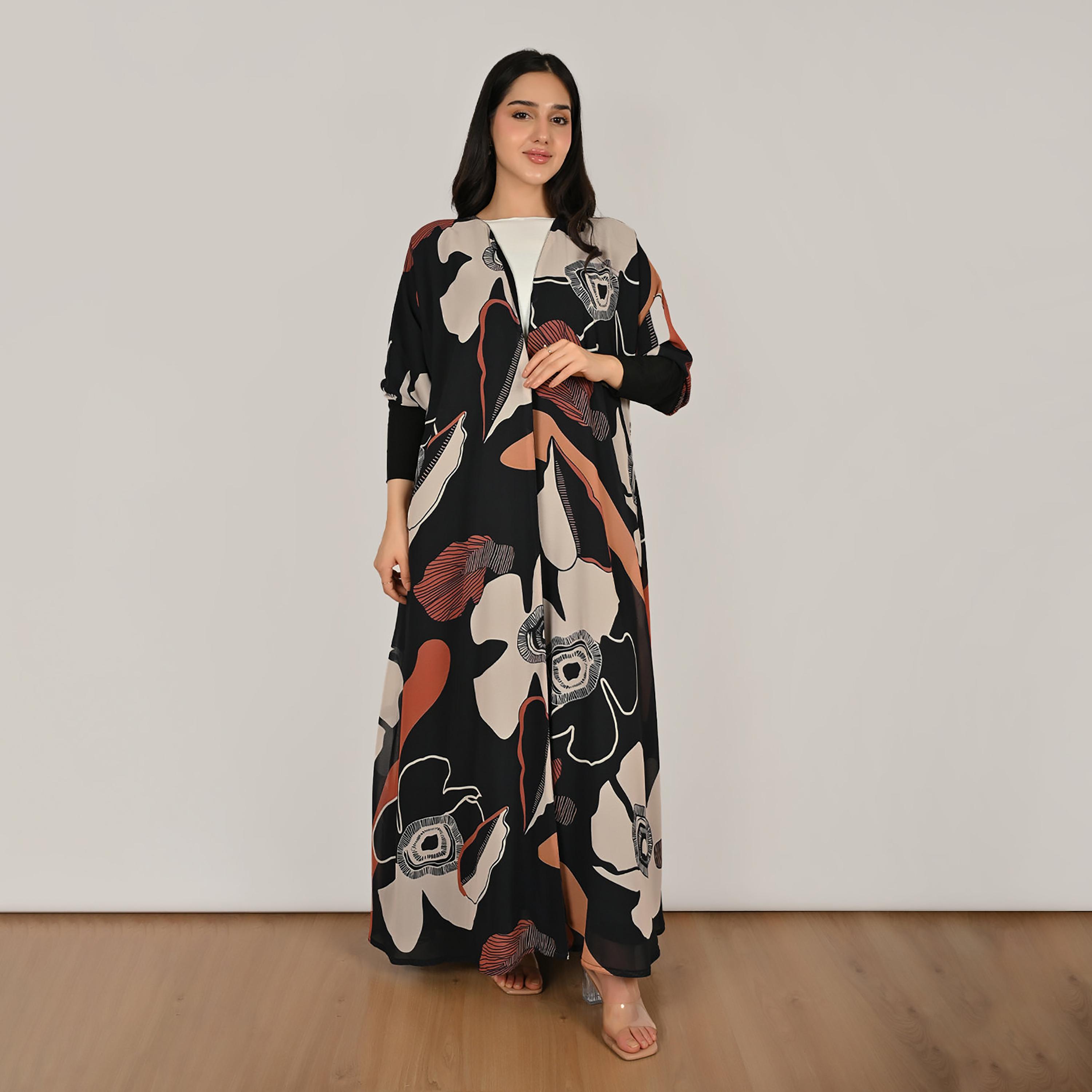 Hawraa Multicolour Stretch Sleeves Abstract Print Women's Linen Abaya with Hijab-women-arabicclothing-abayas-image-1