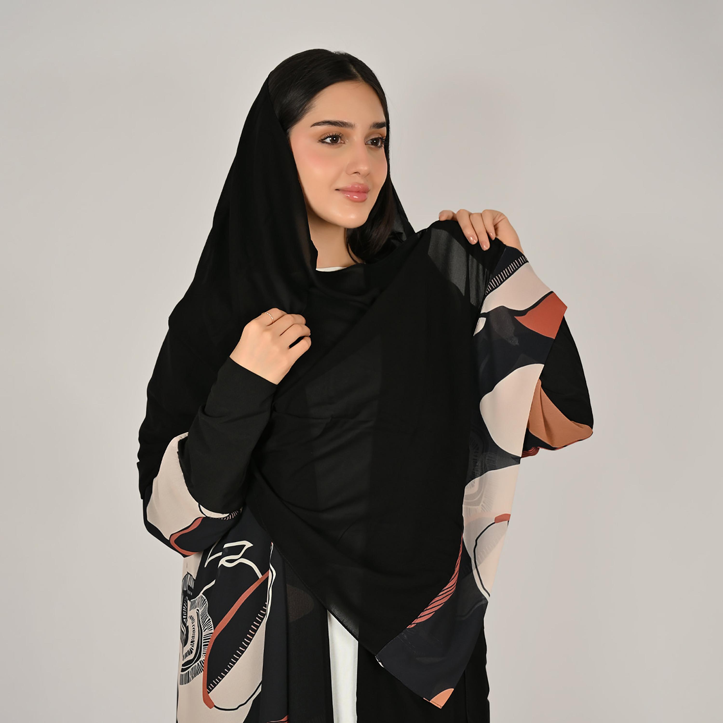 Hawraa Multicolour Stretch Sleeves Abstract Print Women's Linen Abaya with Hijab-women-arabicclothing-abayas-image-2