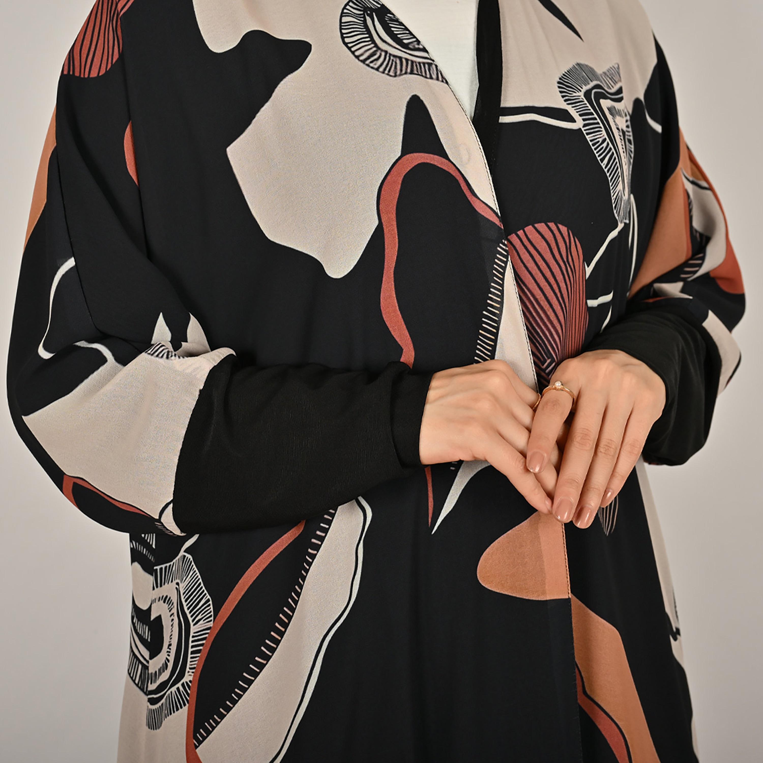 Hawraa Multicolour Stretch Sleeves Abstract Print Women's Linen Abaya with Hijab-women-arabicclothing-abayas-image-3