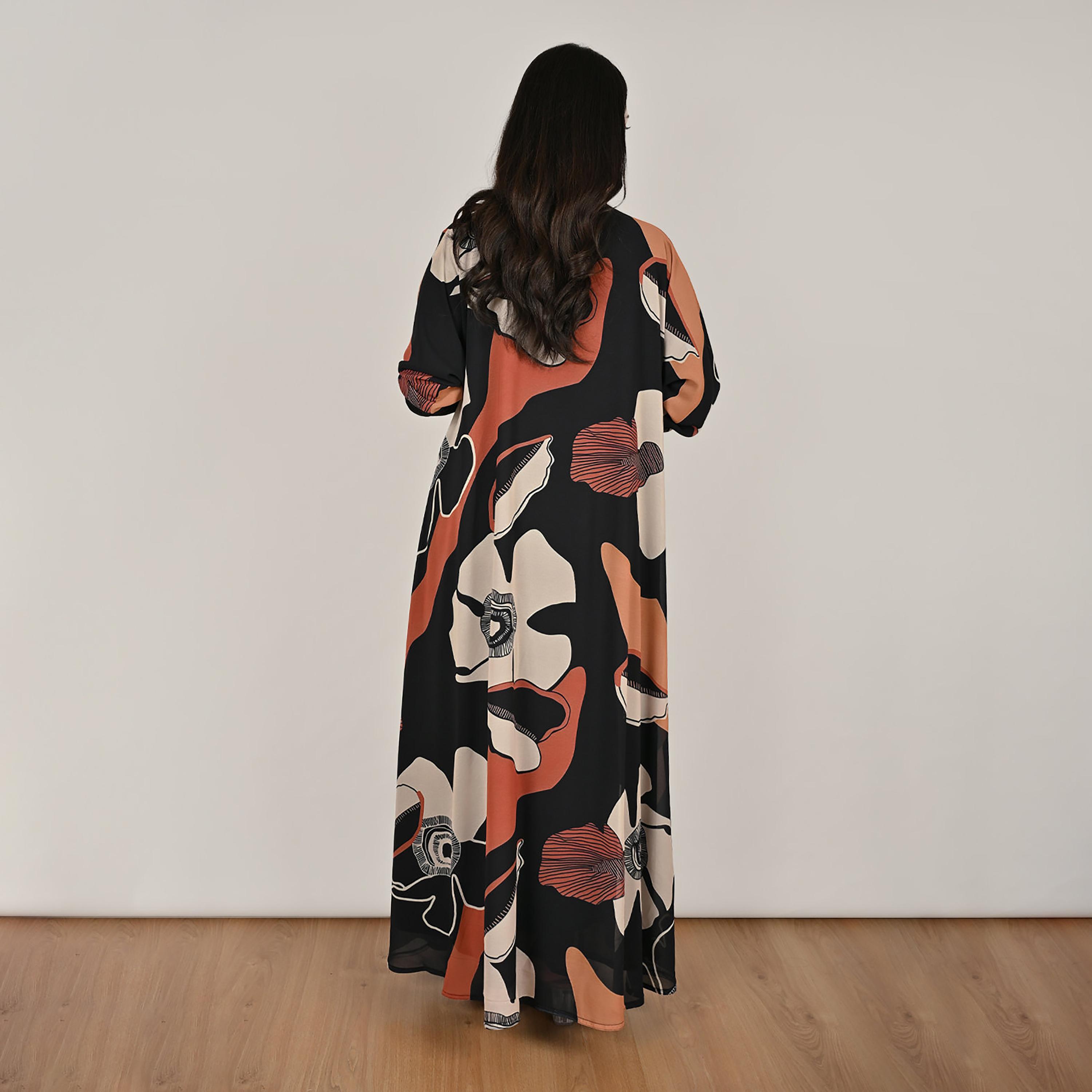 Hawraa Multicolour Stretch Sleeves Abstract Print Women's Linen Abaya with Hijab-women-arabicclothing-abayas-image-4