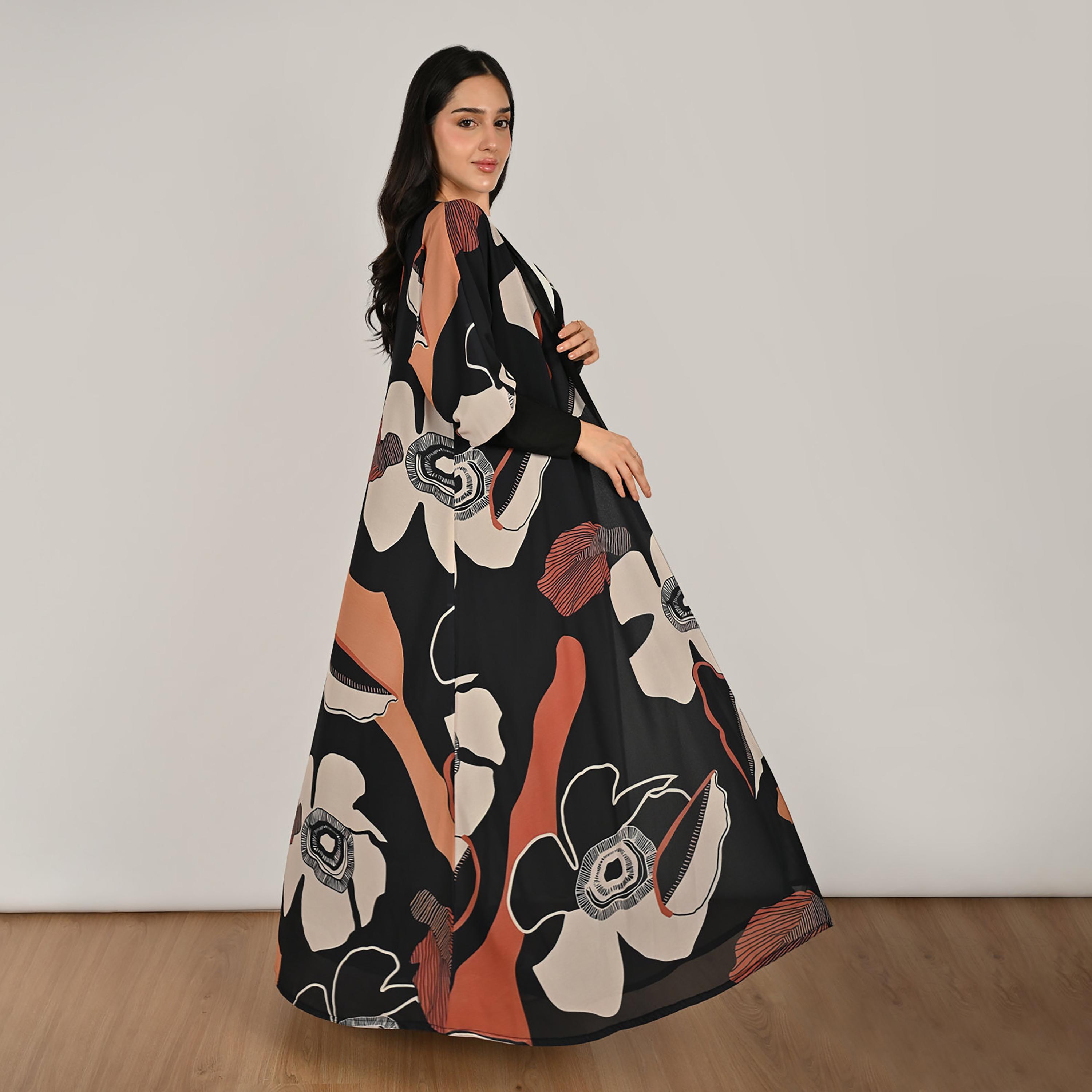 Hawraa Multicolour Stretch Sleeves Abstract Print Women's Linen Abaya with Hijab-women-arabicclothing-abayas-image-5