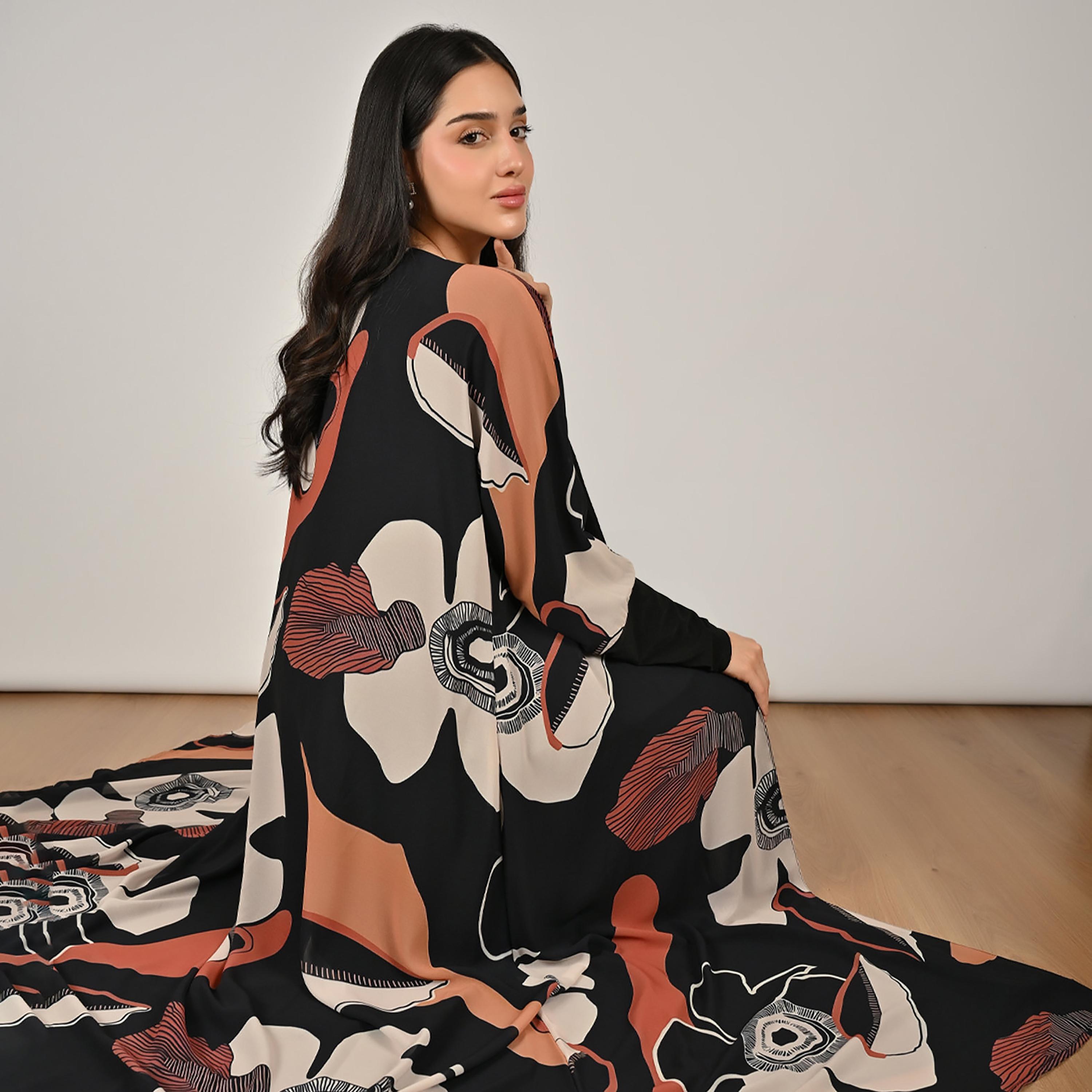 Hawraa Multicolour Stretch Sleeves Abstract Print Women's Linen Abaya with Hijab-women-arabicclothing-abayas-image-6
