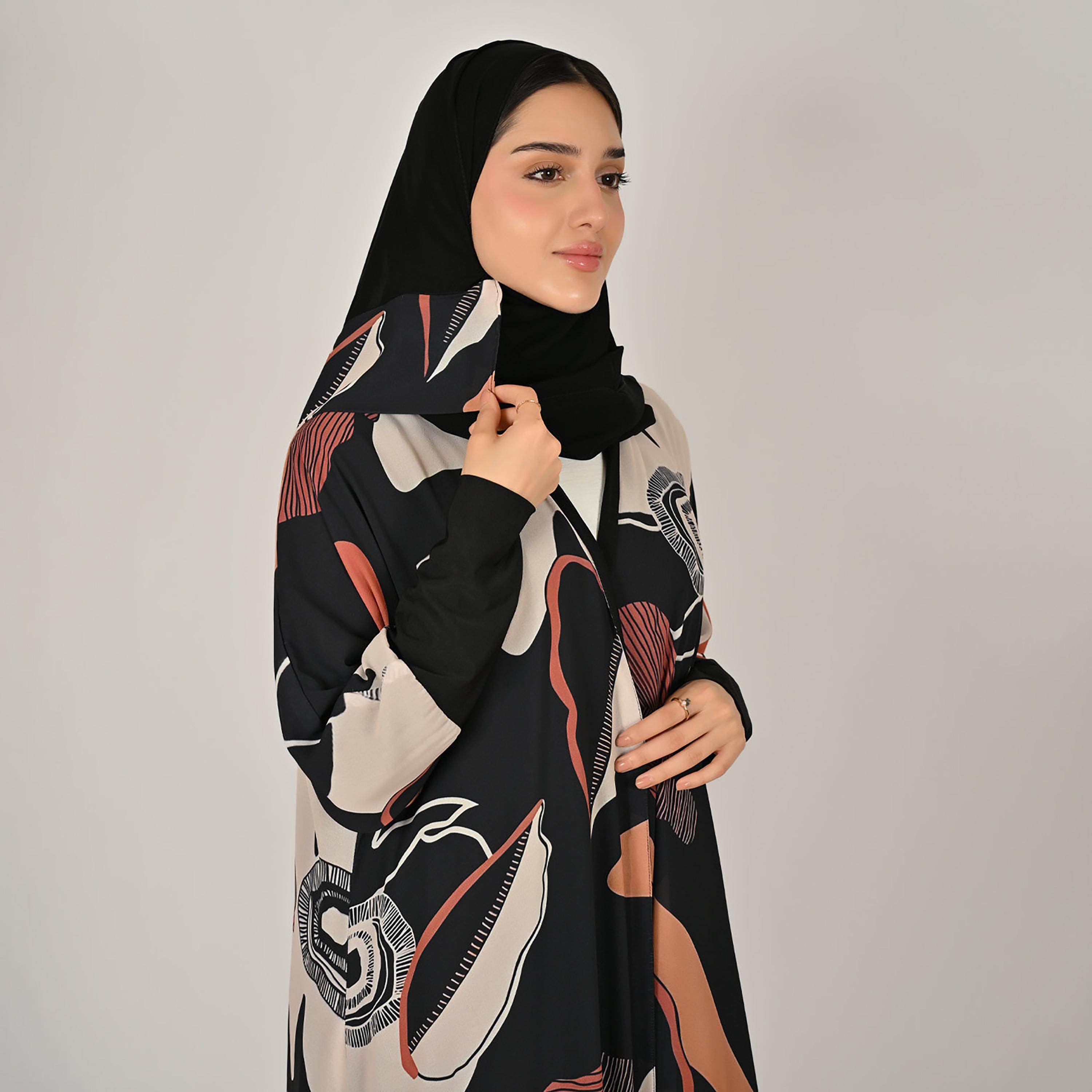 Hawraa Multicolour Stretch Sleeves Abstract Print Women's Linen Abaya with Hijab-women-arabicclothing-abayas-image-7