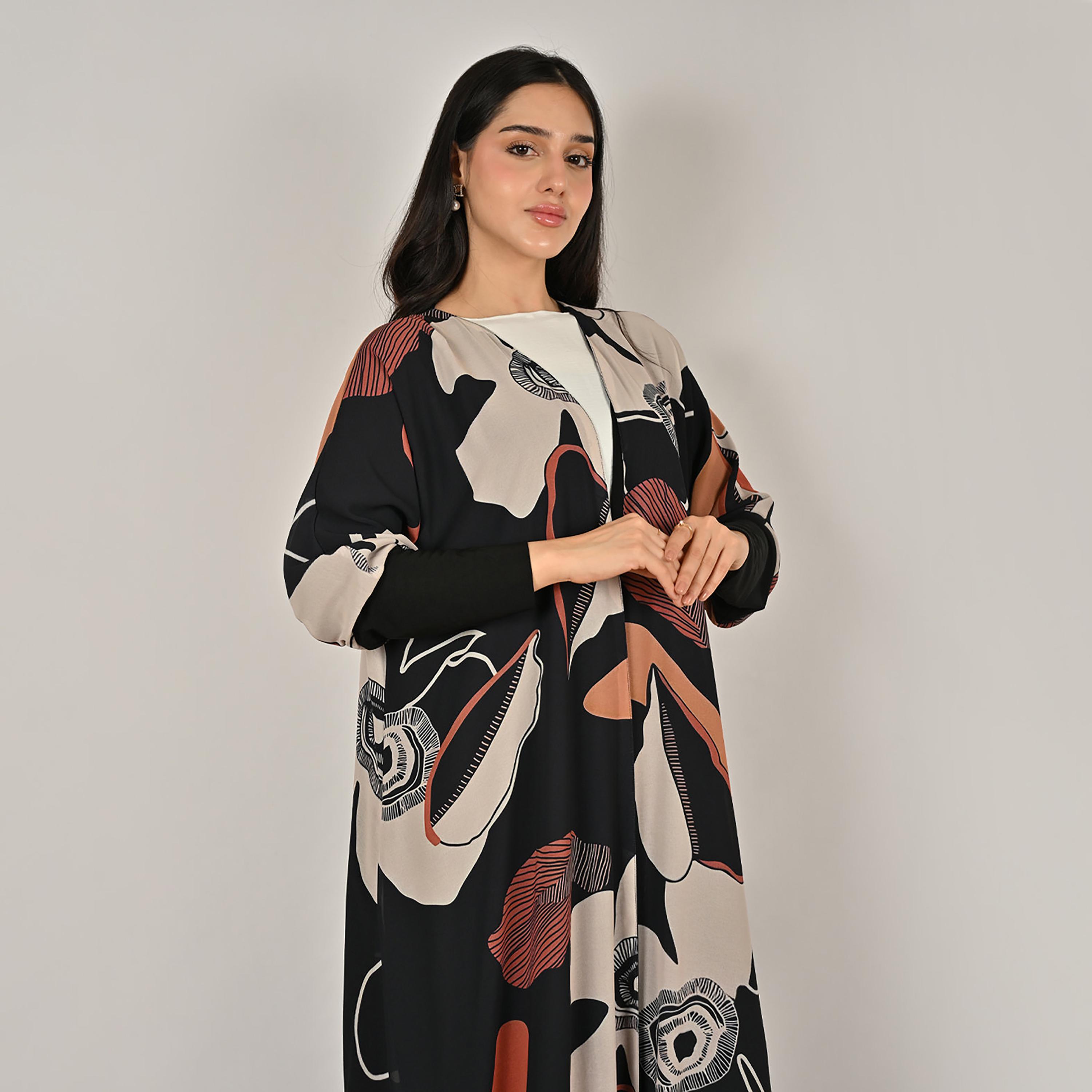 Hawraa Multicolour Stretch Sleeves Abstract Print Women's Linen Abaya with Hijab-women-arabicclothing-abayas-image-8