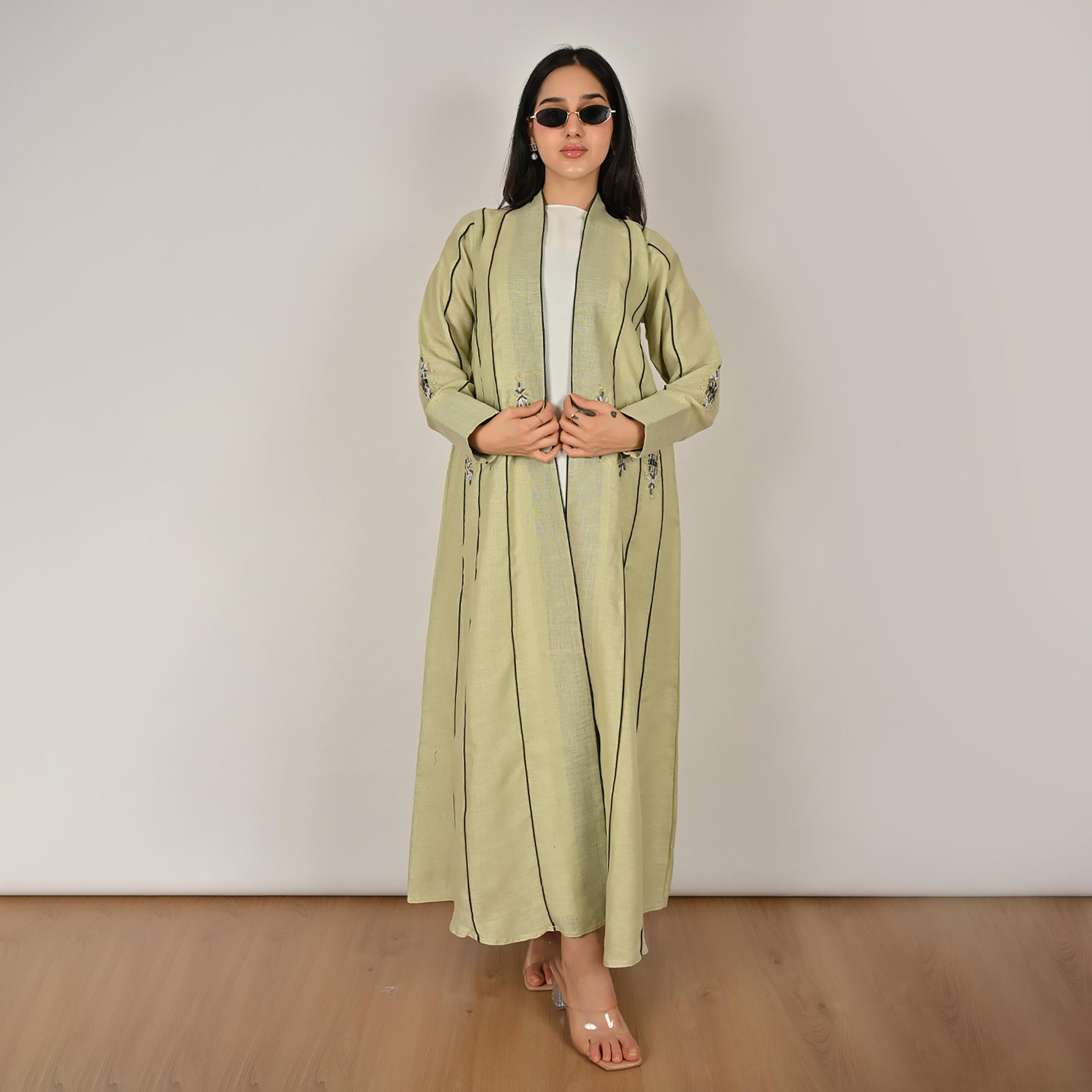 Hawraa Green Embellished Embroidery and Contrast Piping Detail Women's Linen Abaya with Hijab-women-arabicclothing-abayas-image-1