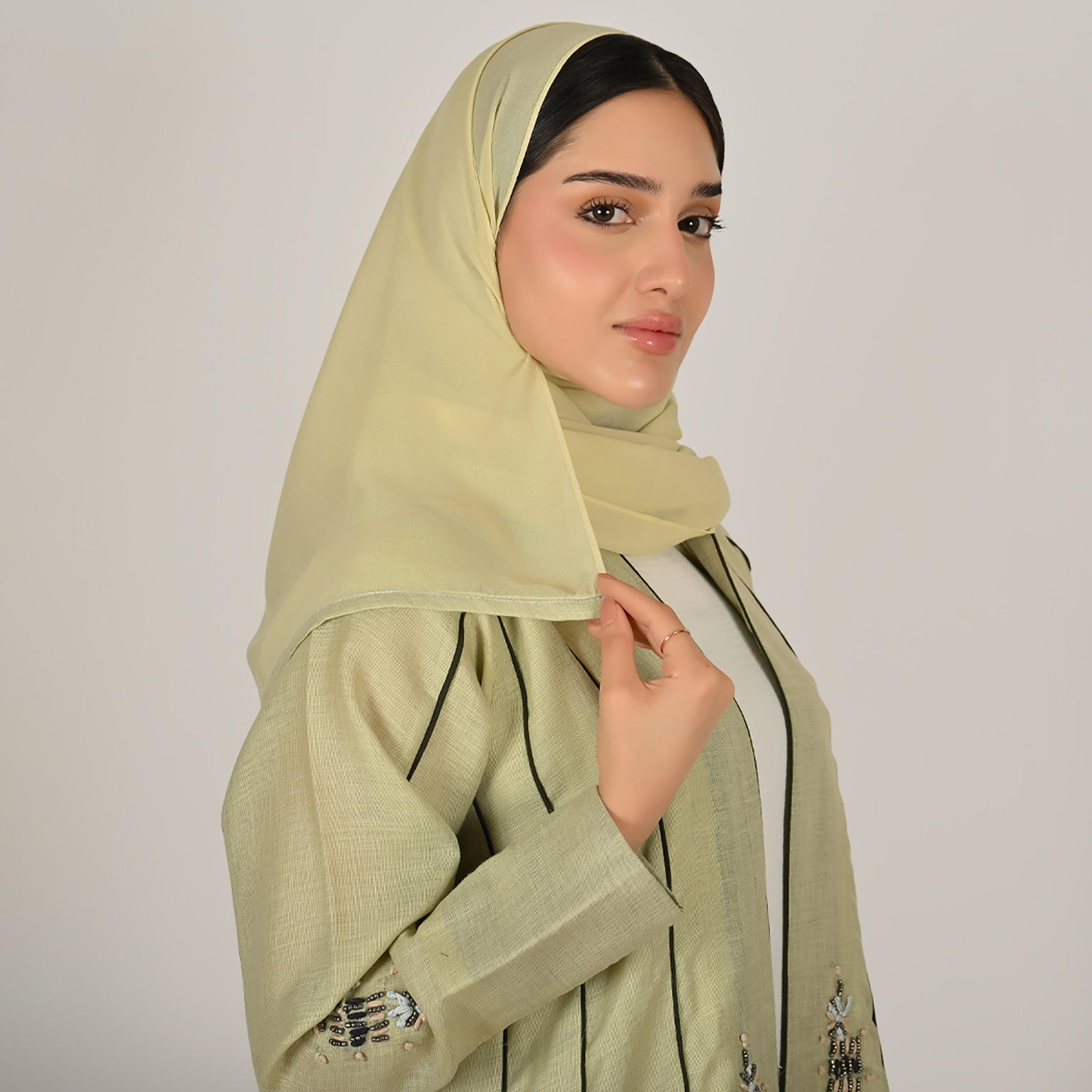 Hawraa Green Embellished Embroidery and Contrast Piping Detail Women's Linen Abaya with Hijab-women-arabicclothing-abayas-image-2
