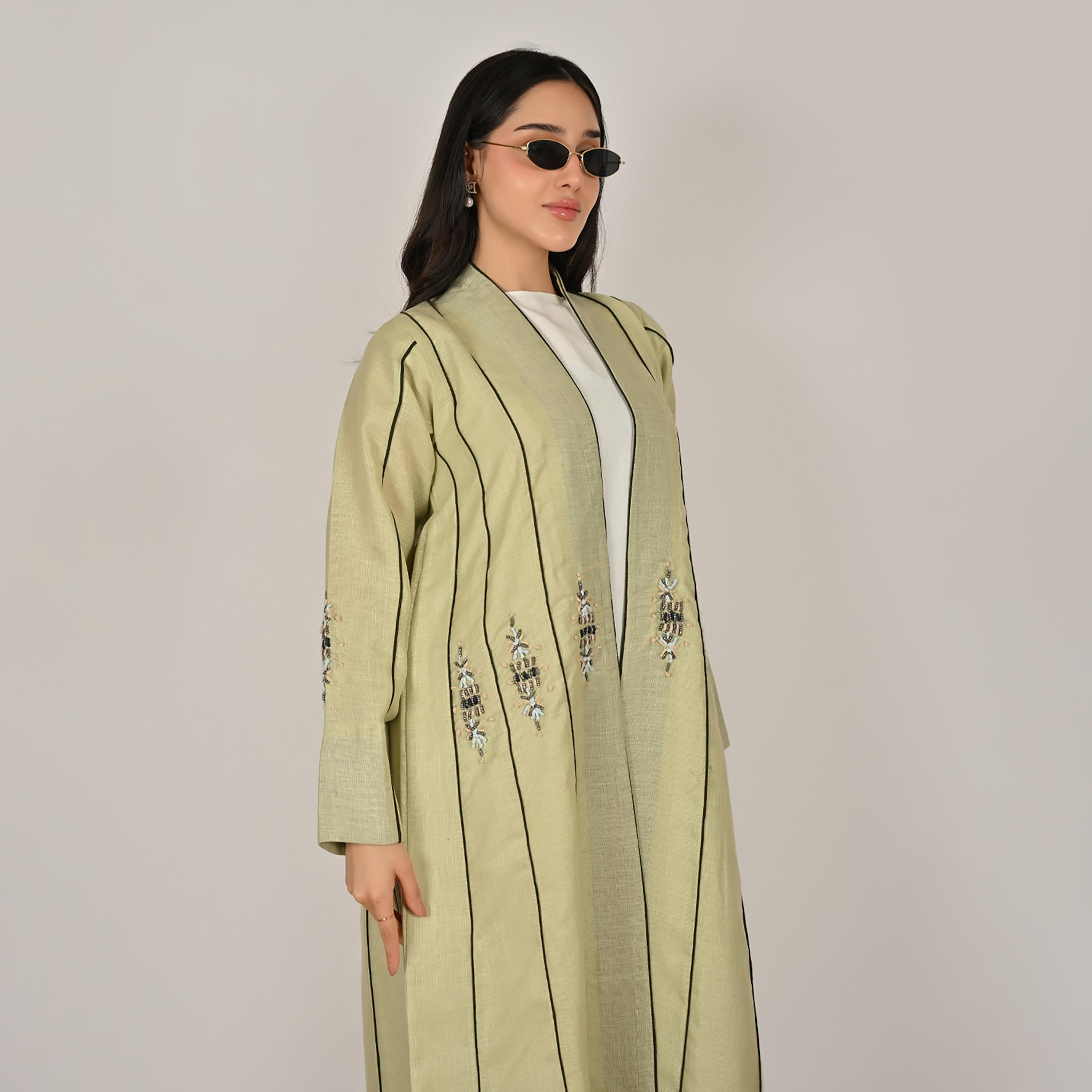 Hawraa Green Embellished Embroidery and Contrast Piping Detail Women's Linen Abaya with Hijab-women-arabicclothing-abayas-image-3