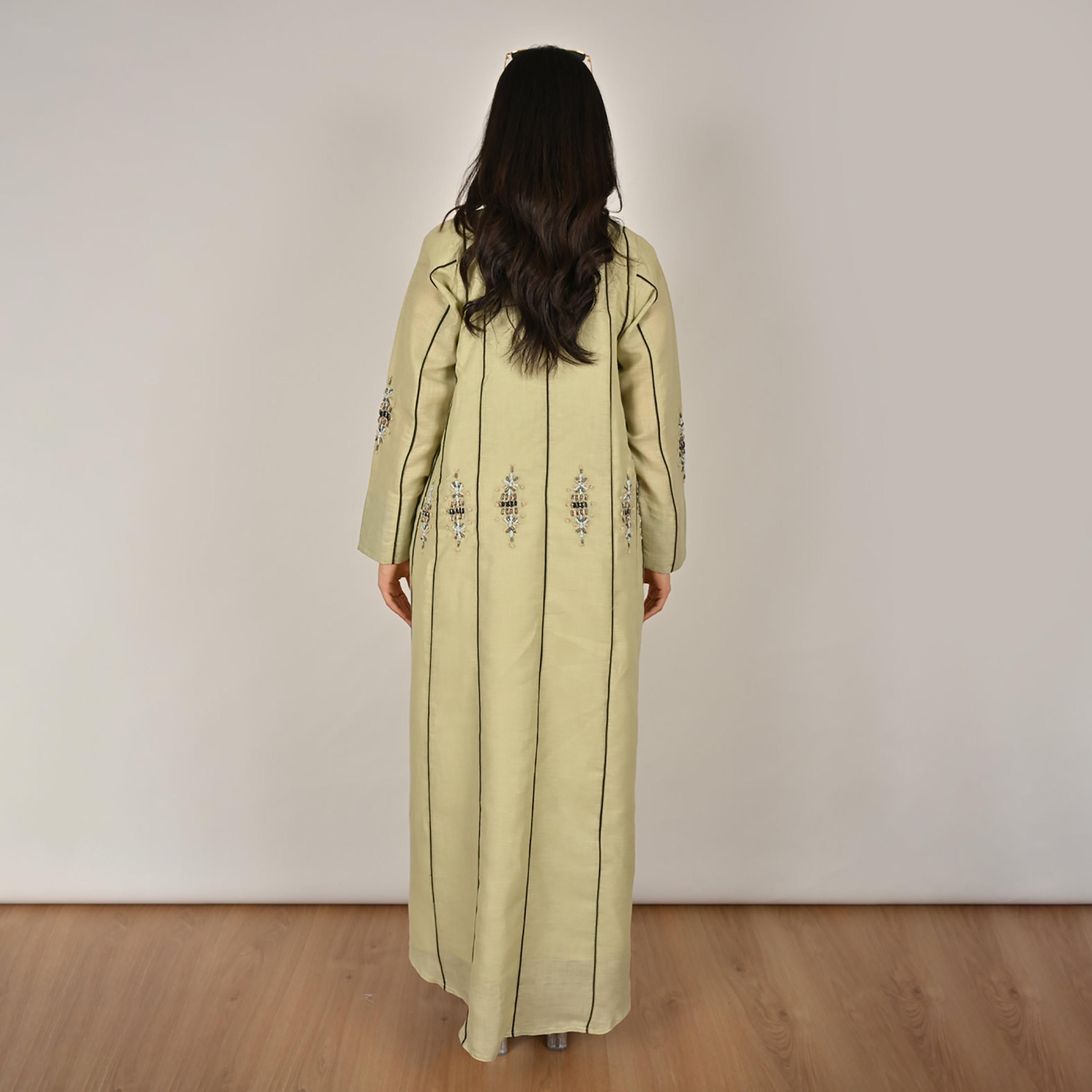 Hawraa Green Embellished Embroidery and Contrast Piping Detail Women's Linen Abaya with Hijab-women-arabicclothing-abayas-image-4