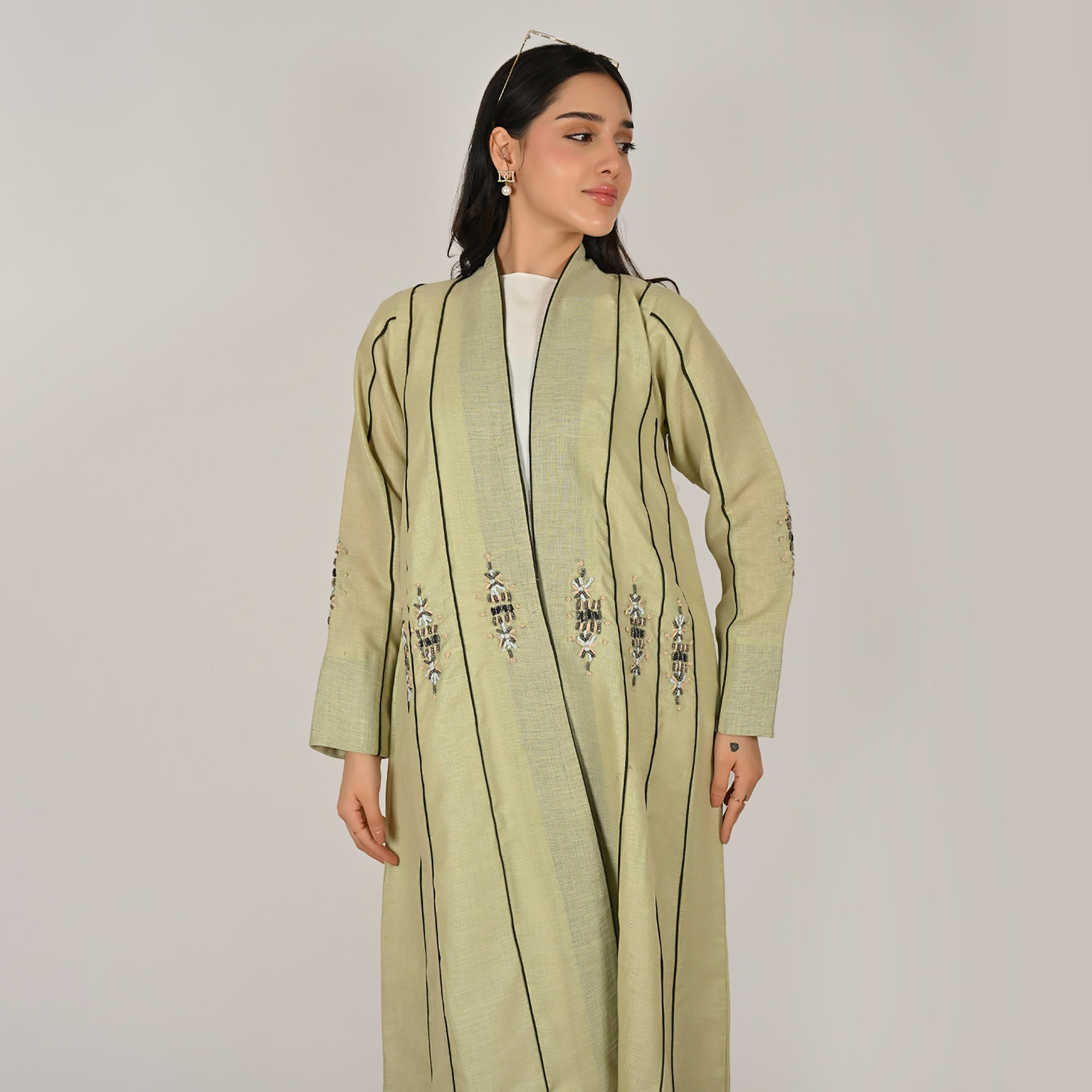 Hawraa Green Embellished Embroidery and Contrast Piping Detail Women's Linen Abaya with Hijab-women-arabicclothing-abayas-image-5