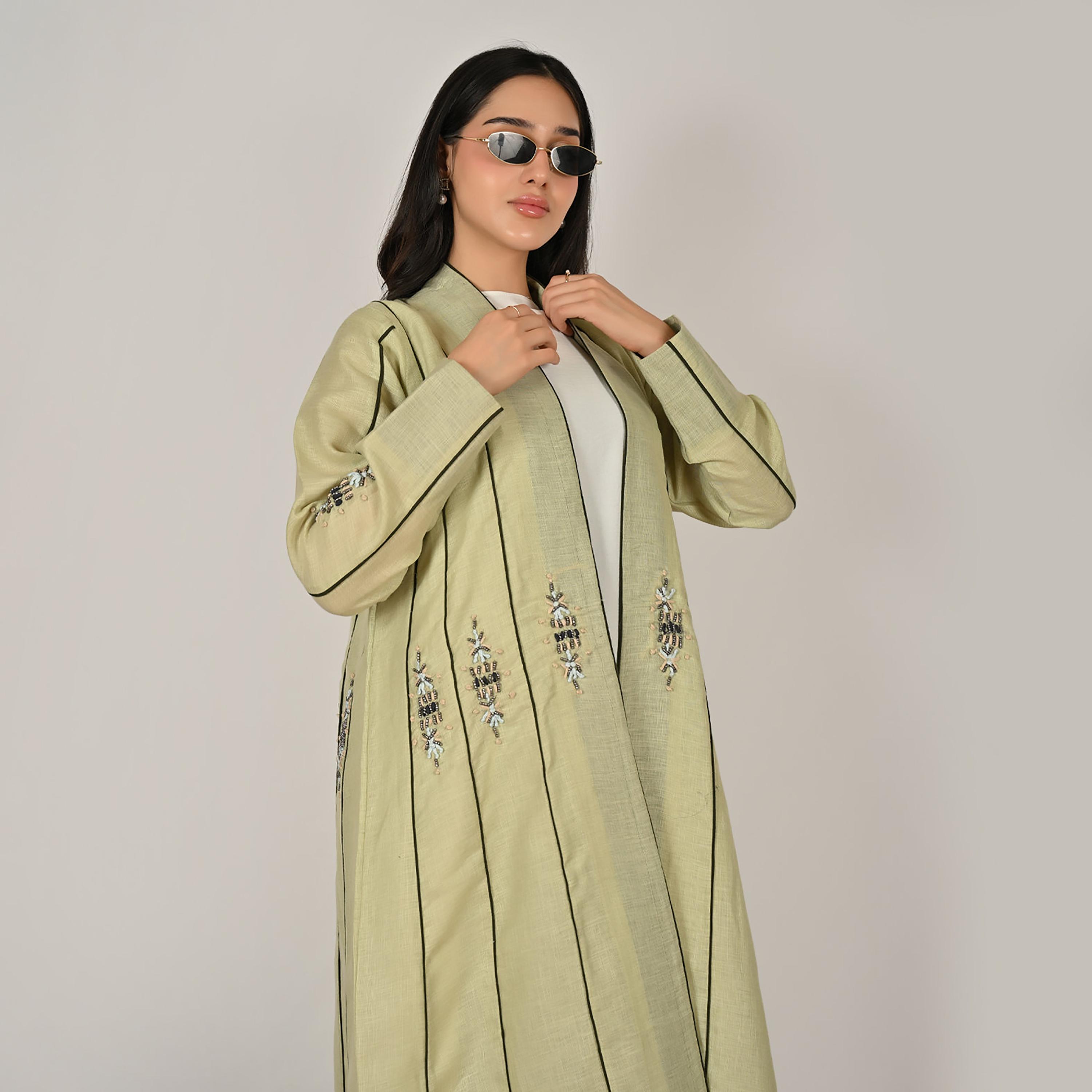 Hawraa Green Embellished Embroidery and Contrast Piping Detail Women's Linen Abaya with Hijab-women-arabicclothing-abayas-image-6