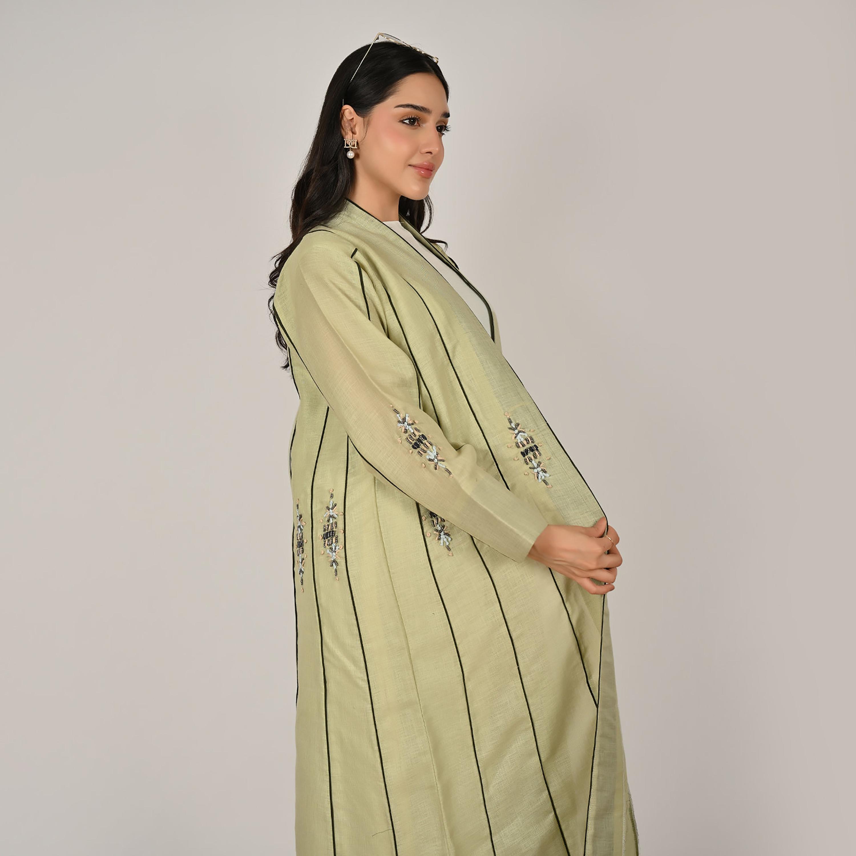 Hawraa Green Embellished Embroidery and Contrast Piping Detail Women's Linen Abaya with Hijab-women-arabicclothing-abayas-image-7