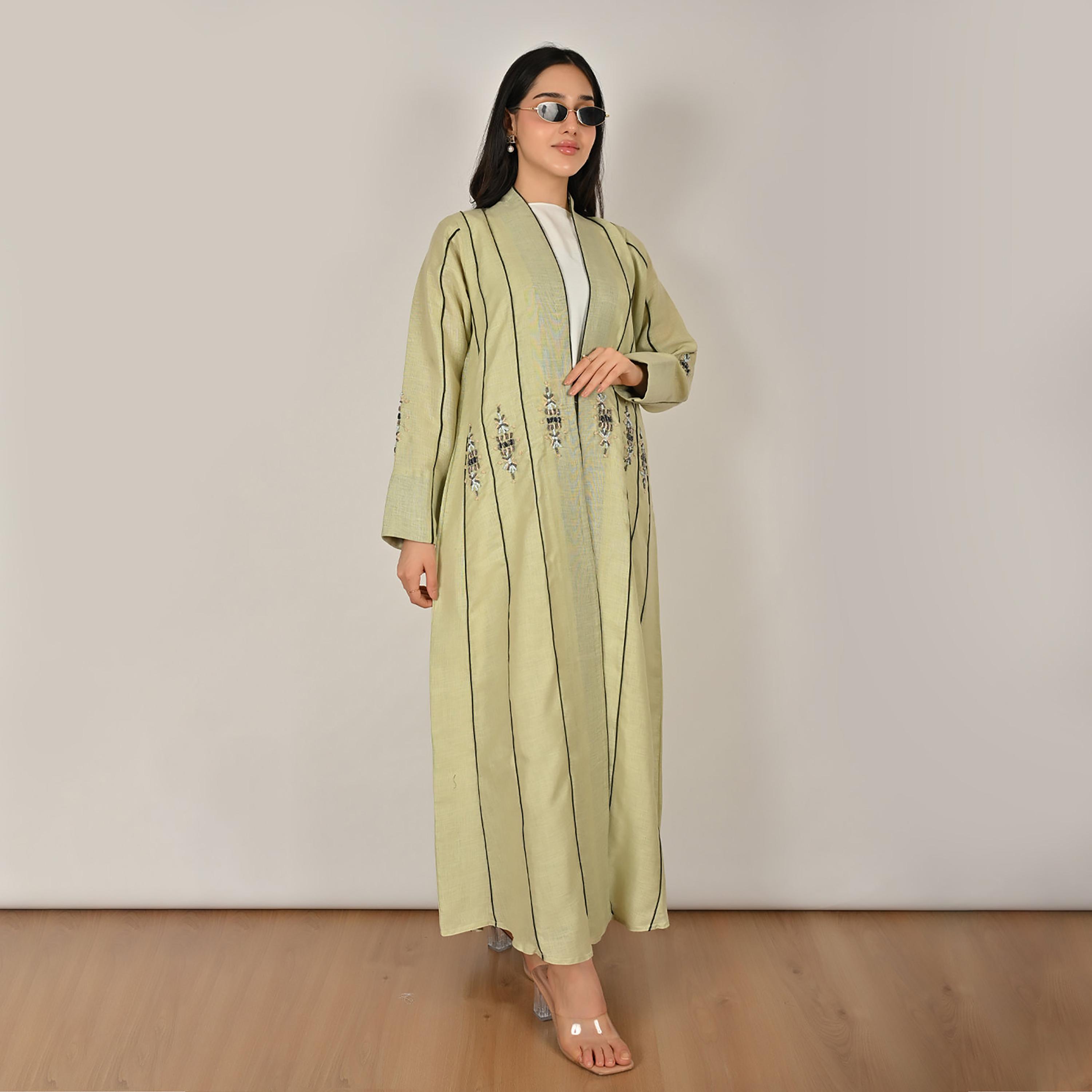Hawraa Green Embellished Embroidery and Contrast Piping Detail Women's Linen Abaya with Hijab-women-arabicclothing-abayas-image-8