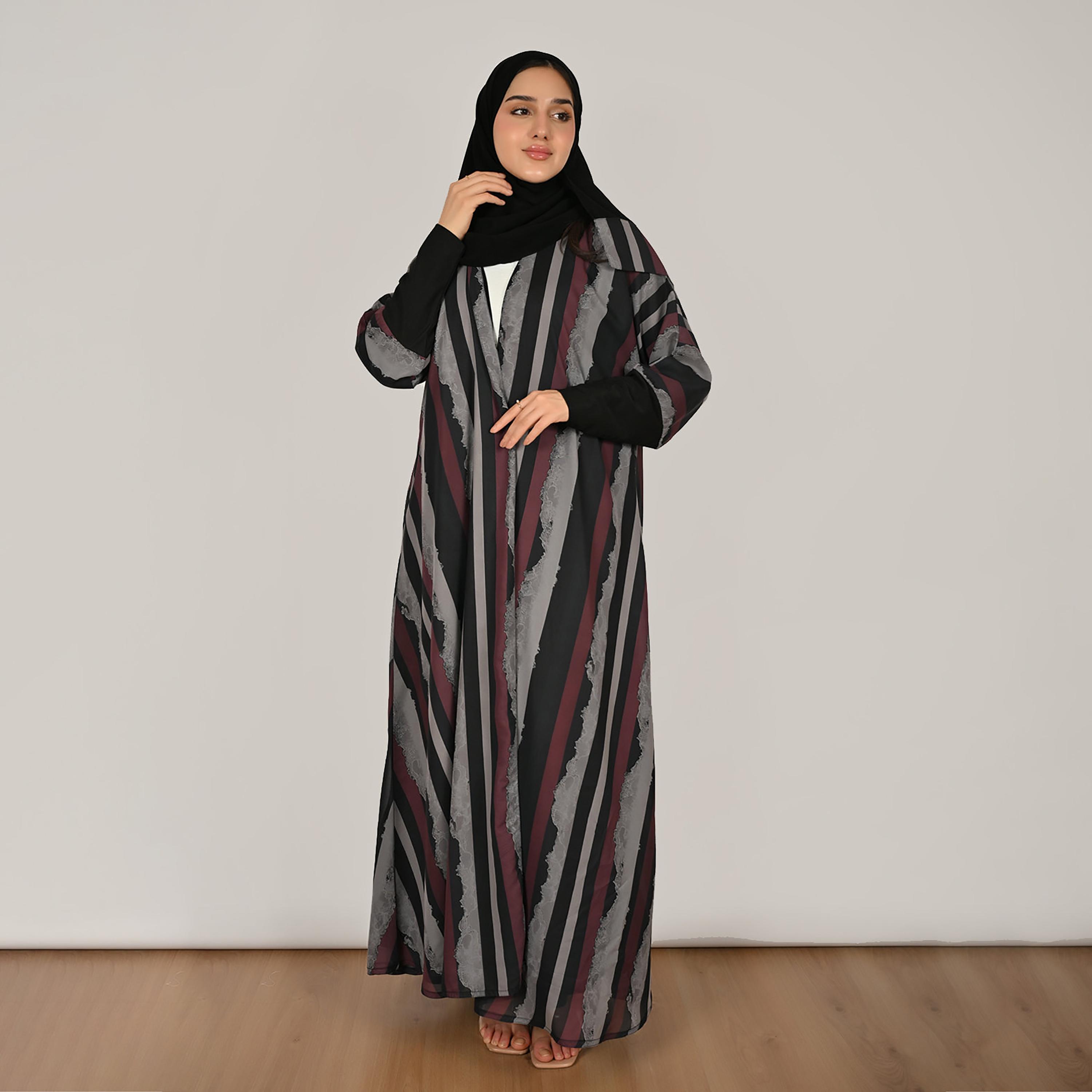 عباية نسائية من الكتان من هورا، متعددة الألوان، بأكمام مطاطية، مزينة بالدانتيل والخطوط، مفتوحة من الأمام، مع حجاب-women-arabicclothing-abayas-image-1