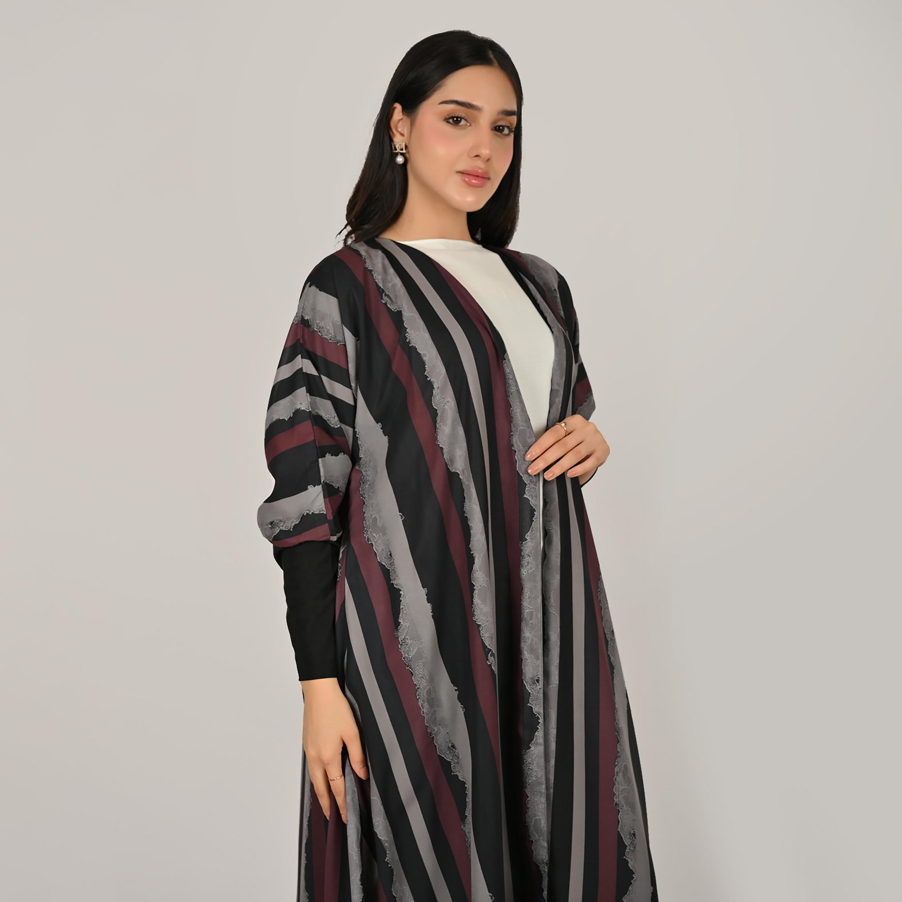 عباية نسائية من الكتان من هورا، متعددة الألوان، بأكمام مطاطية، مزينة بالدانتيل والخطوط، مفتوحة من الأمام، مع حجاب-women-arabicclothing-abayas-image-10