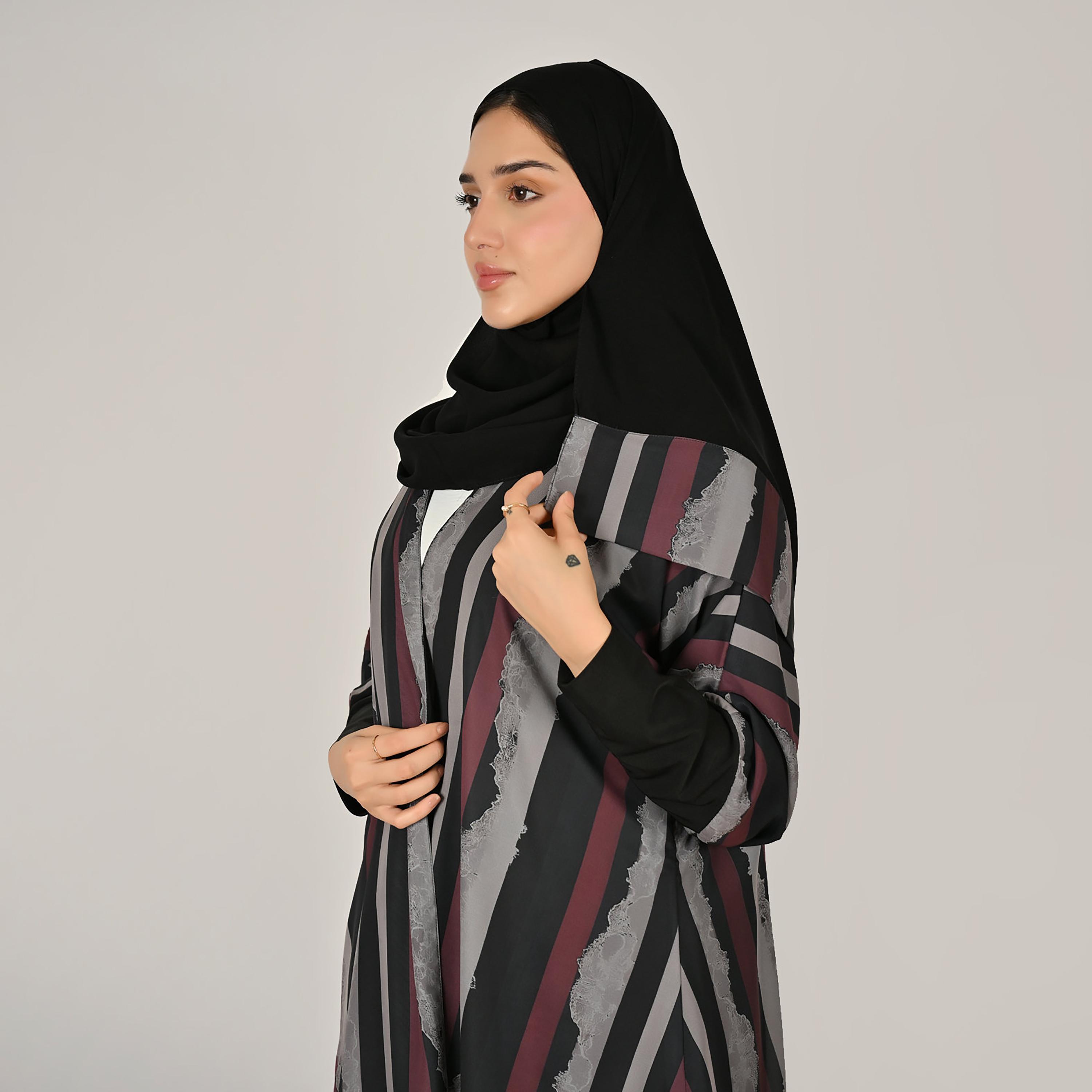 عباية نسائية من الكتان من هورا، متعددة الألوان، بأكمام مطاطية، مزينة بالدانتيل والخطوط، مفتوحة من الأمام، مع حجاب-women-arabicclothing-abayas-image-3