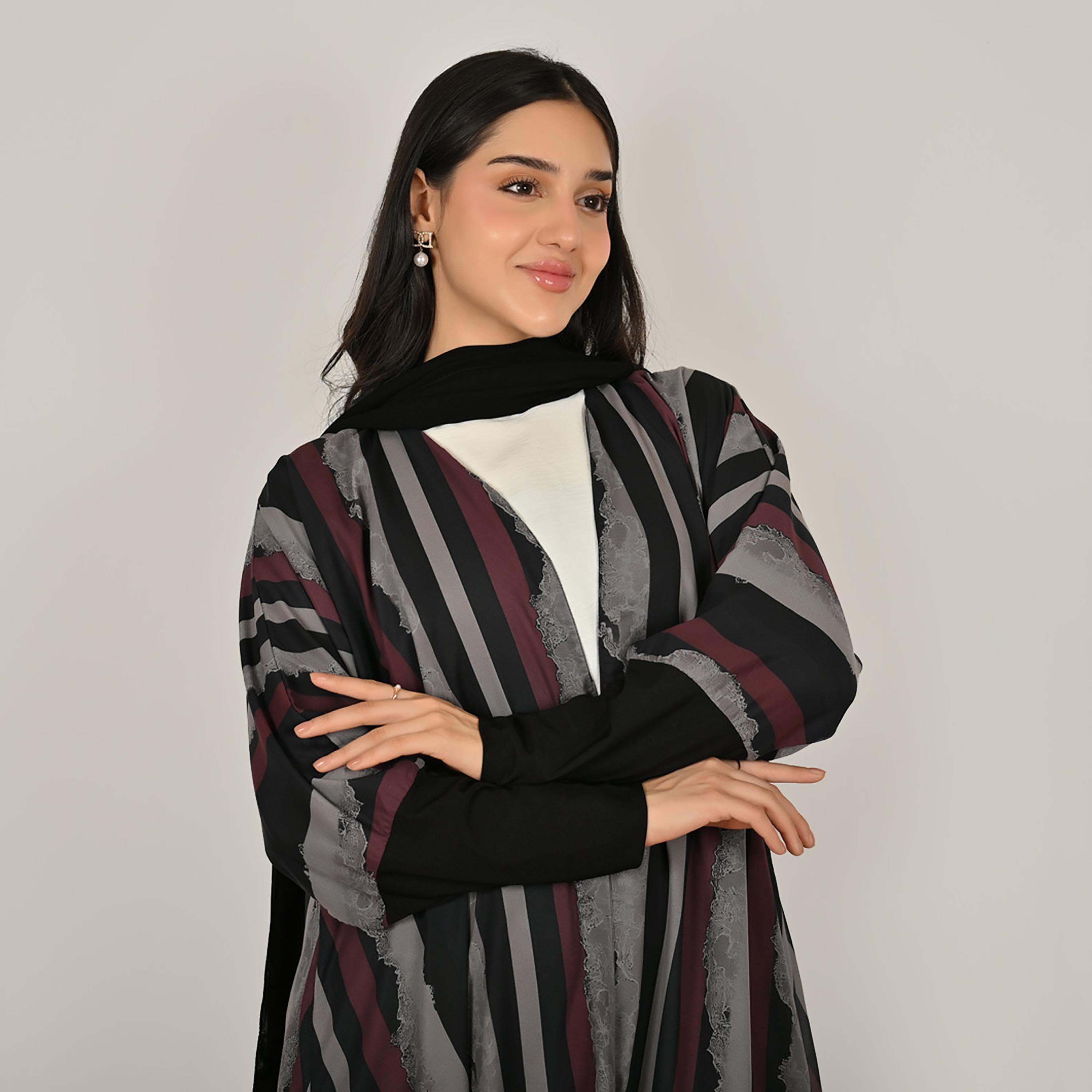 عباية نسائية من الكتان من هورا، متعددة الألوان، بأكمام مطاطية، مزينة بالدانتيل والخطوط، مفتوحة من الأمام، مع حجاب-women-arabicclothing-abayas-image-4